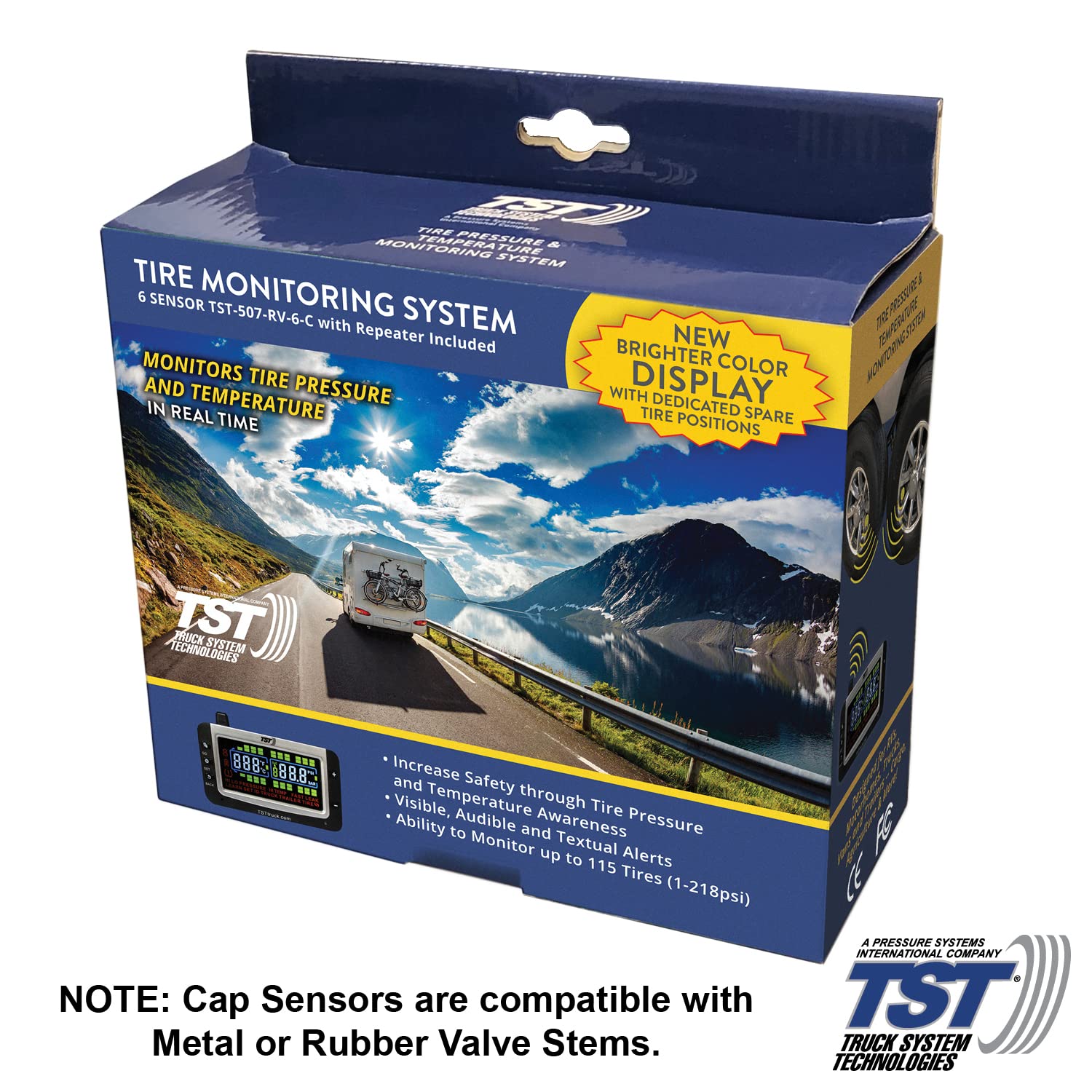 TPMS TST 507 Series - RV Tire Pressure Monitoring System with 6 Cap Sensors & Color Display Monitor for Travel Trailers, Campers and Motorhomes