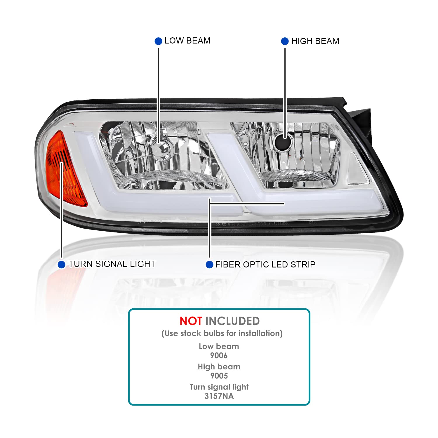 Chrome LED Tube Headlights SPEC-D TUNING Compatible with 2000-2005 Chevy Impala, Left + Right Pair Headlamps Assembly