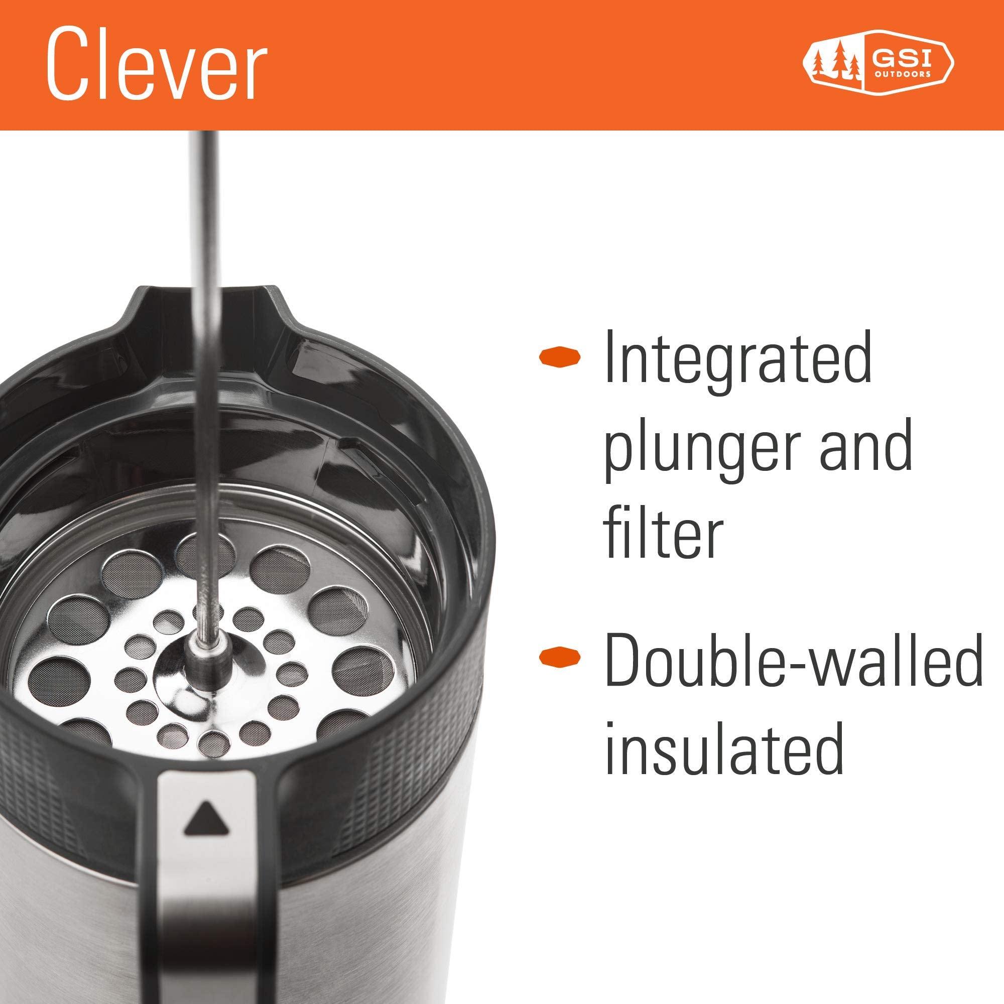 Glacier Stainless GSI Outdoors JavaPress, 30oz French Press Coffee Mug for Camping, Brushed