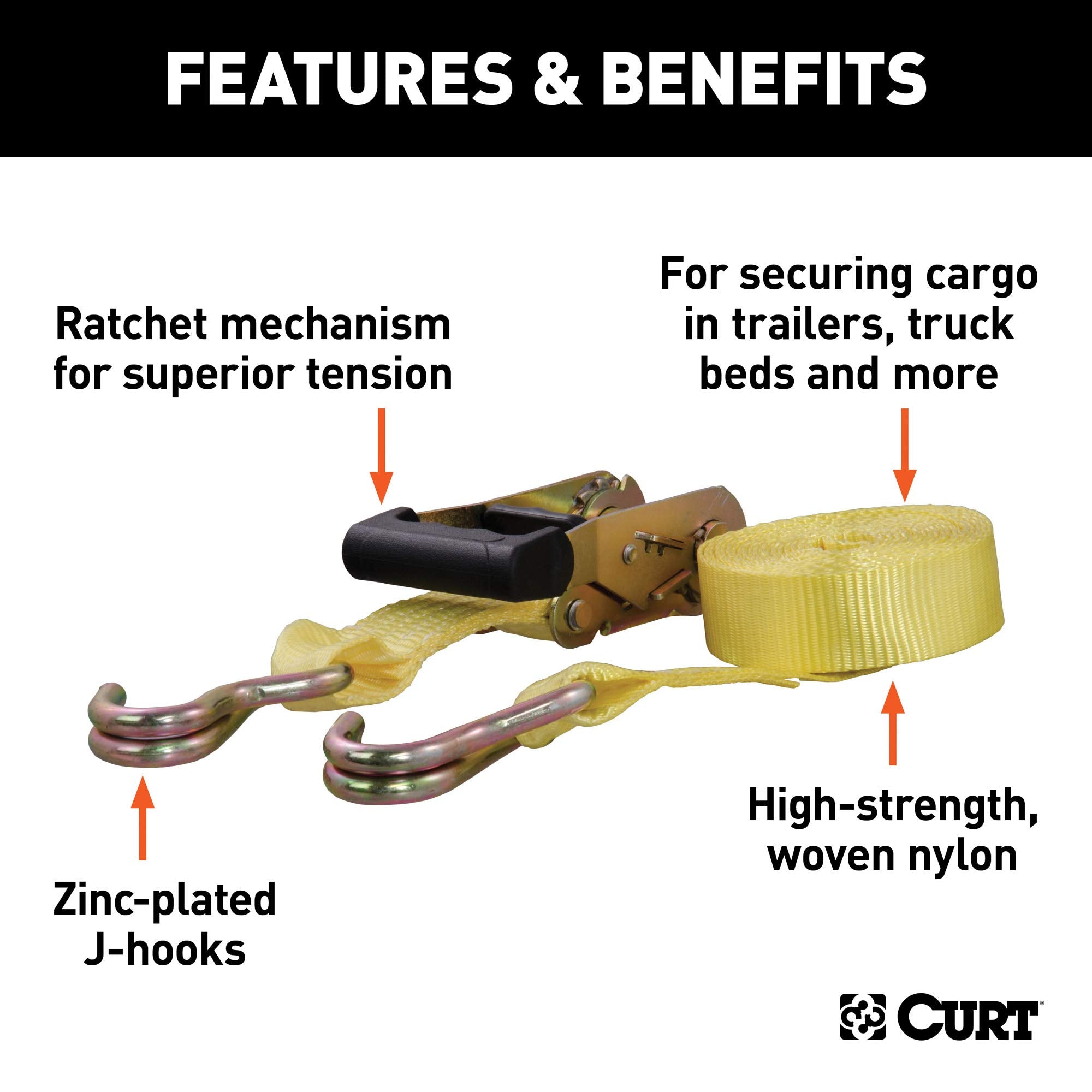 CURT 1-1/2-Inch x 14-Foot Yellow Nylon Ratchet Strap, 5,000 lbs. Break Strength 83036