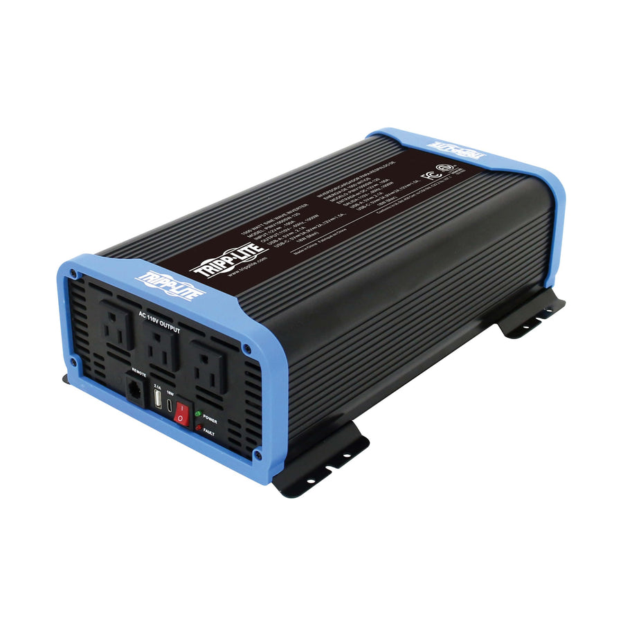 1500W Tripp Lite Compact Pure Sine Wave Power Inverter, 3 Outlets, 1 USB + 1 USB-C Charging Ports, Remote Control via RJ12 Telephone Cable, Included Mounting Brackets, 2-Year Warranty (PINV1500SW-120)