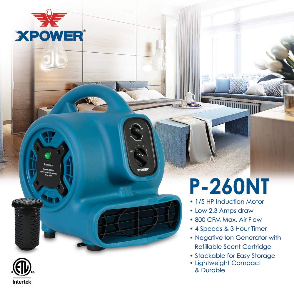 Freshen Aire XPOWER P-260NT 1/4 HP, 925 CFM, 4 Speeds Mini Mighty Scented Air Mover, Utility Fan, Dryer, Blower with Ionizer and Timer, Blue