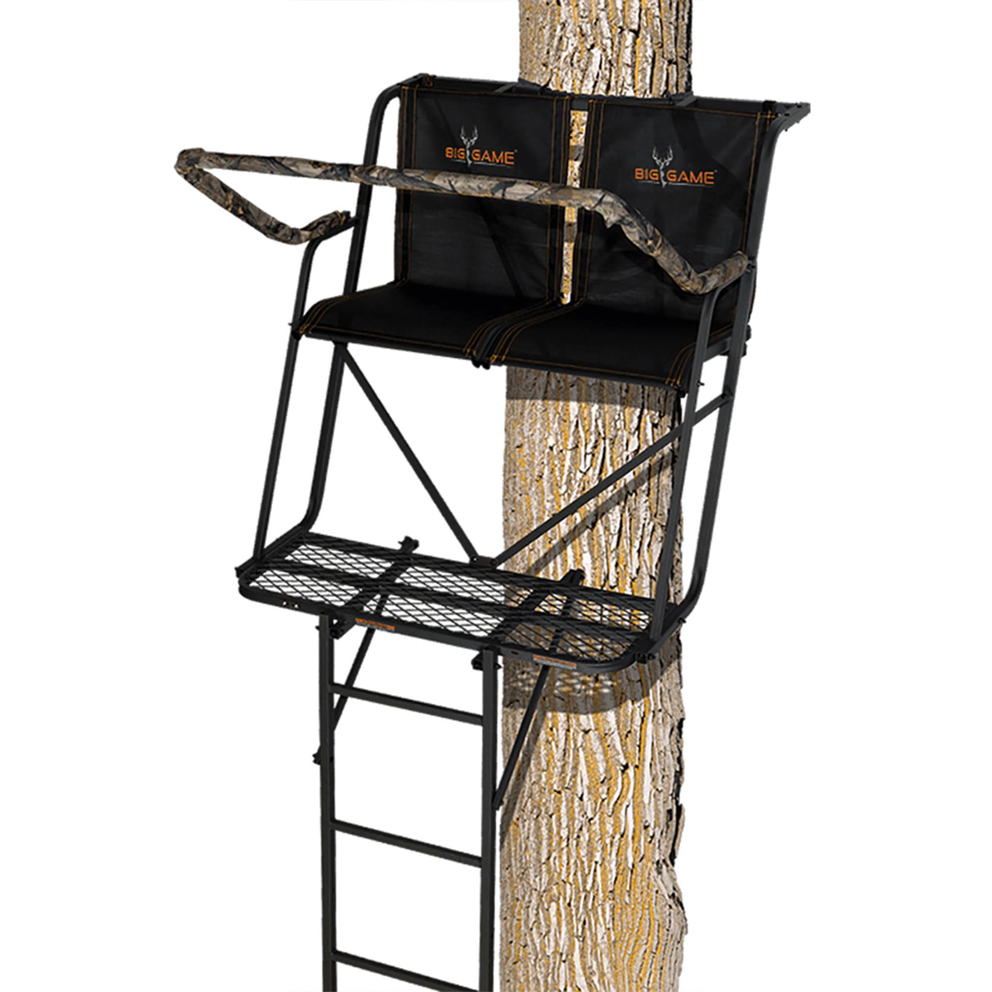 2-Person BIG GAME Ladder Tree Stand for Hunting Deer with Seat, 16' Tall, Camo/Black - Adjustable Climbing Treestand with Platform and Safety Harness for Shooting