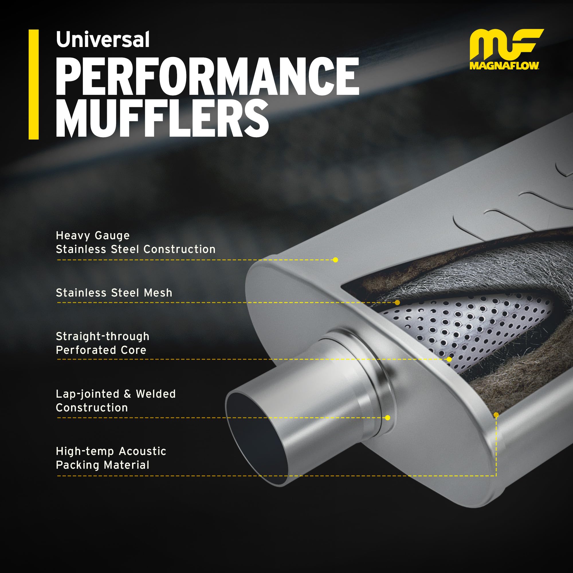 MagnaFlow Exhaust Performance Muffler 12288: 3"/2.5" Inlet/Outlet, 5x8x18" Oval, Stainless Steel, Satin Finish