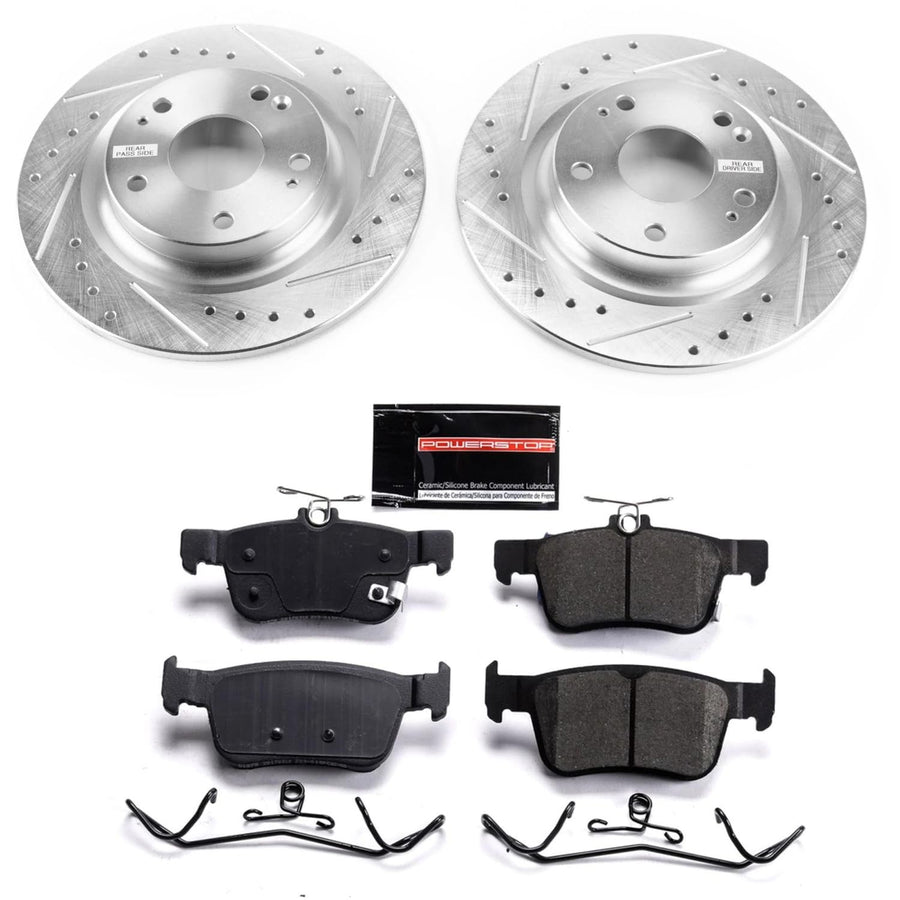 Power Stop K7934 Rear Brake Pads Z23 Carbon Fiber with Drilled & Slotted Brake Rotors Kit For Honda Civic 2017-2020 [Model Specific]
