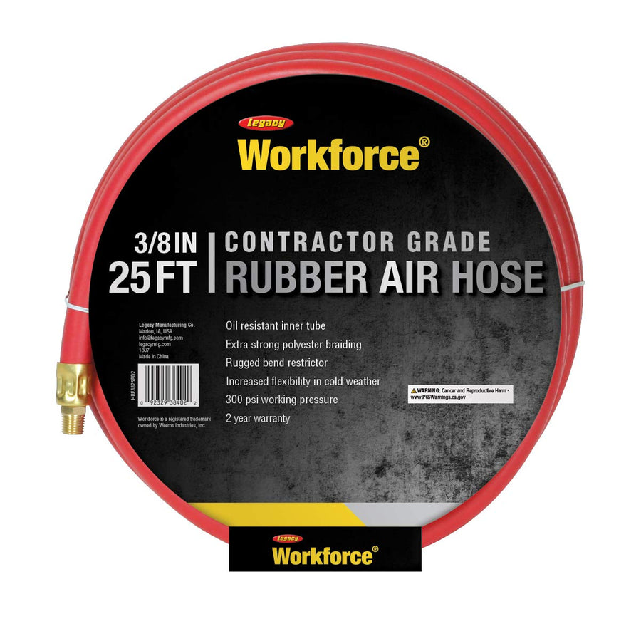 Air Hose Workforce, 3/8 in. x 25 ft., 1/4 Fittings, Rubber, Red - HRE3825RD2