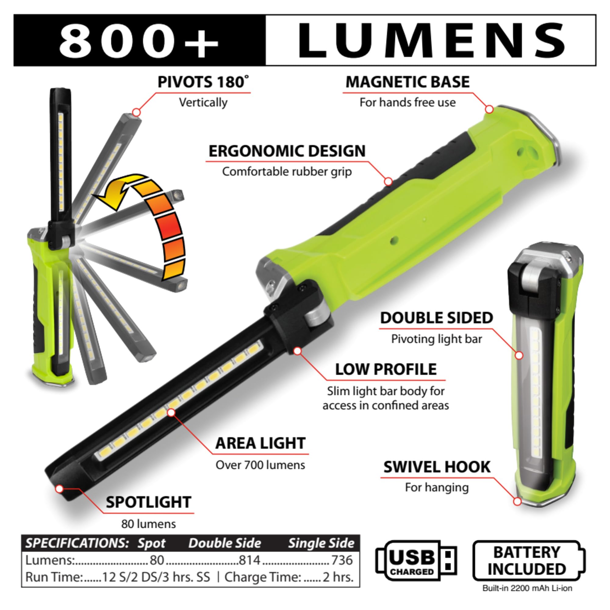 W2670 Performance Tool Double Sided Pivoting Light Bar with 800+ Lumens, Magnetic Base and Rechargeable Battery for Hands-Free Use in Confined Areas