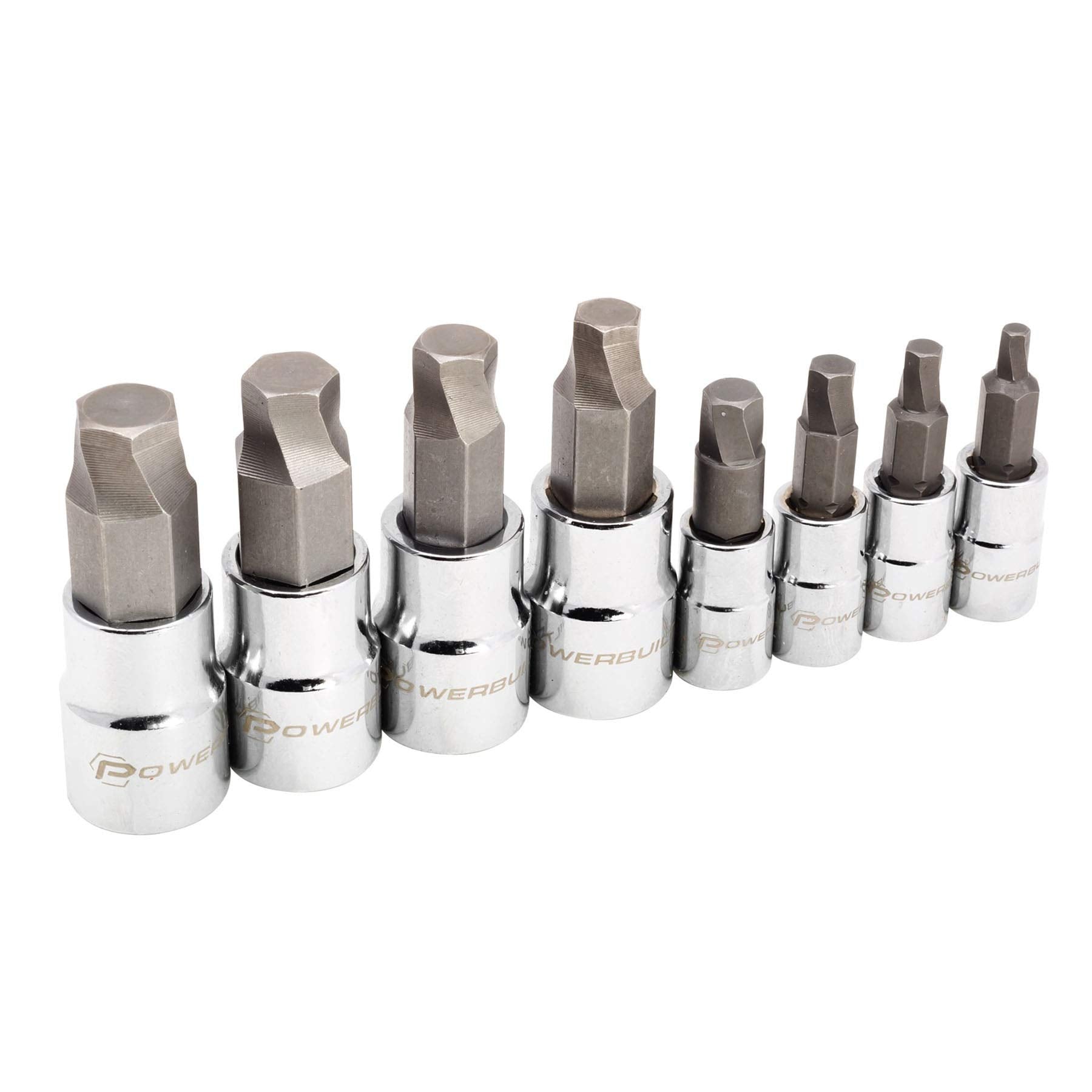 Powerbuilt 8 Piece SAE Hex Bit Socket Set - with use for Damaged Fasteners, Standard, Rusted, Rounded Bolts, Size from 1/8" to 3/8" - 642574