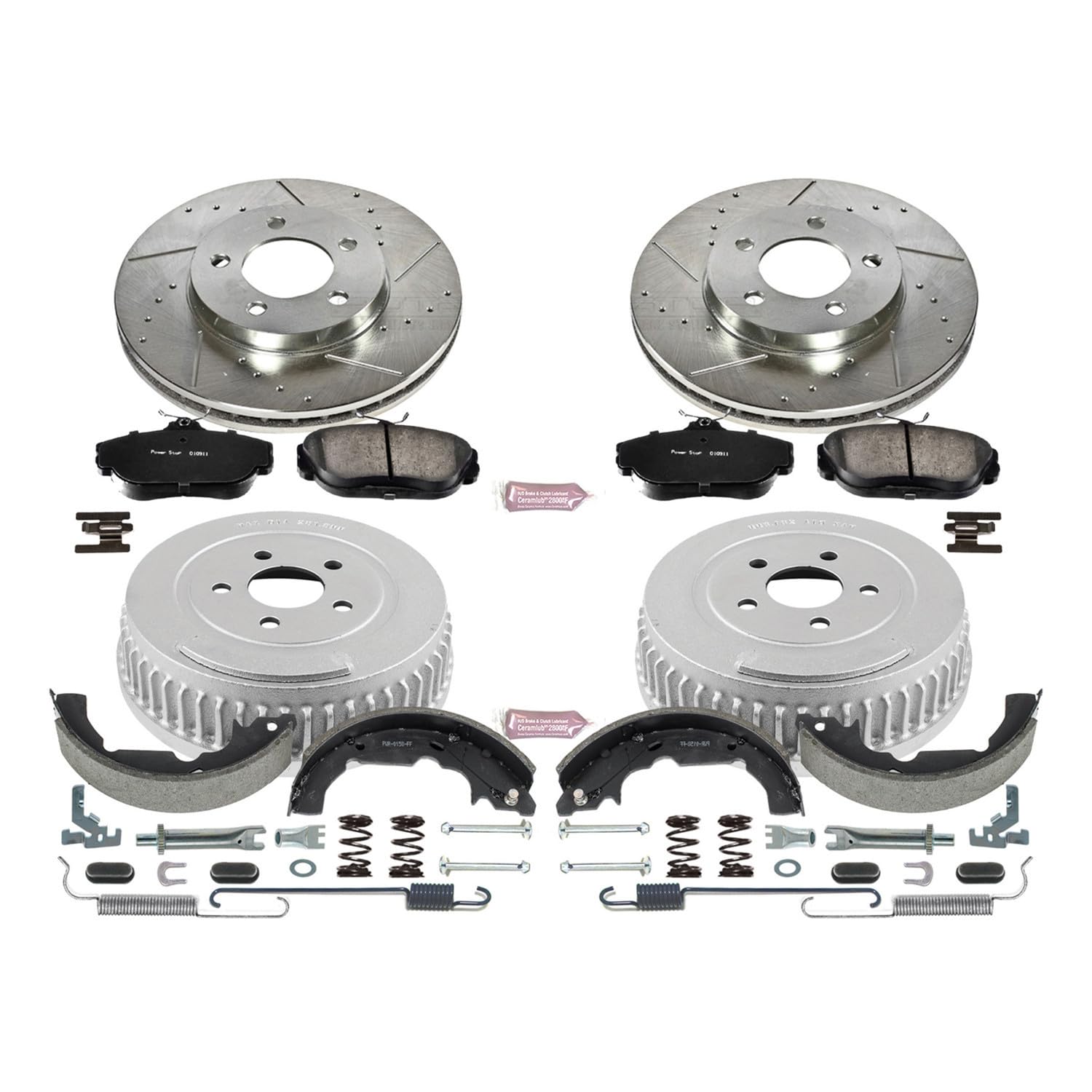 Power Stop K15129DK Z23 Carbon Fiber Brake Pads Front and Rear with Drilled & Slotted Brake Drums Kit For Ford Windstar 1995-1998 [Model Specific]