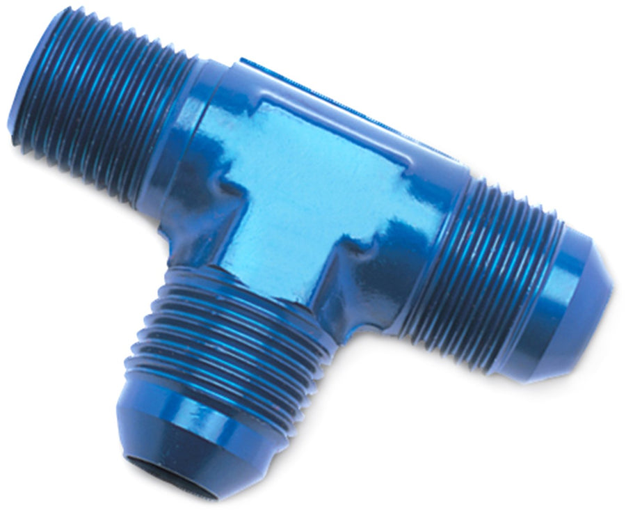 Blue Anodized Edelbrock/Russell 661100 Aluminum -3AN Flare to 1/8" Pipe Tee On Run Adapter Fitting