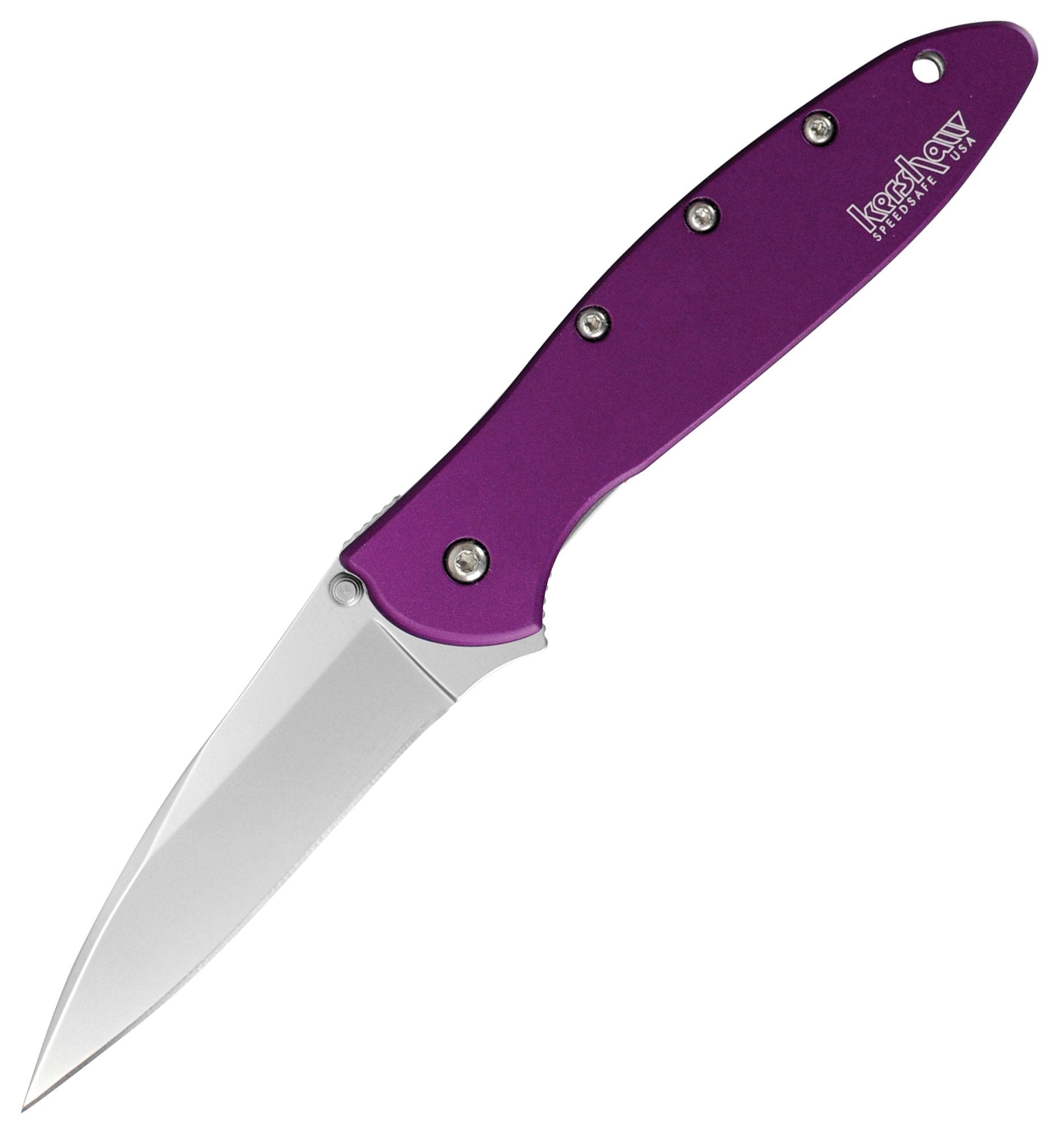 Kershaw Purple Leek Folding Knife (1660PUR); 3 Bead-Blasted High-Performance Sandvik 14C28N Steel Blade, Purple Anodized Aluminum Handle, SpeedSafe Assisted Opening, Liner and Tip Lock Slider, 2.4 OZ