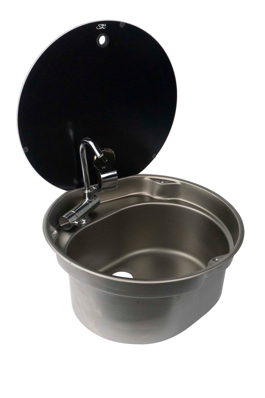 16" Round Suburban CAN Stainless-Steel RV Sink with Smoked Glass Lid, All Stainless-Steel Construction, Easy-to-Clean, Fold Down Spigot Included (3262AST)