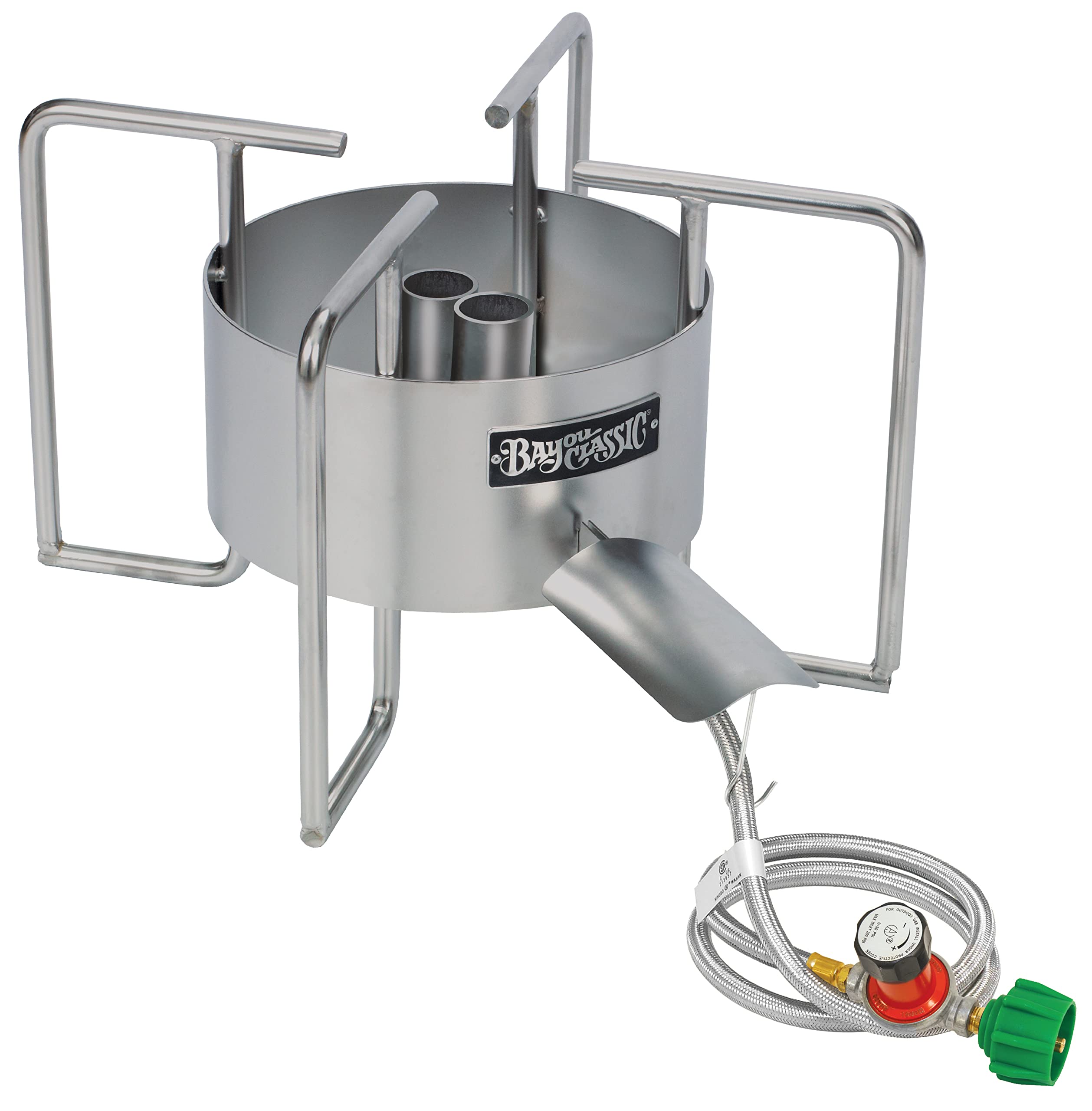 Bayou Classic 22-in SS40 Stainless Dual Jet Cooker Features 22-in Cooking Surface 12.5-in Tall Welded Frame 30-psi Adjustable Regulator w/ 48-in Stainless Braided Hose