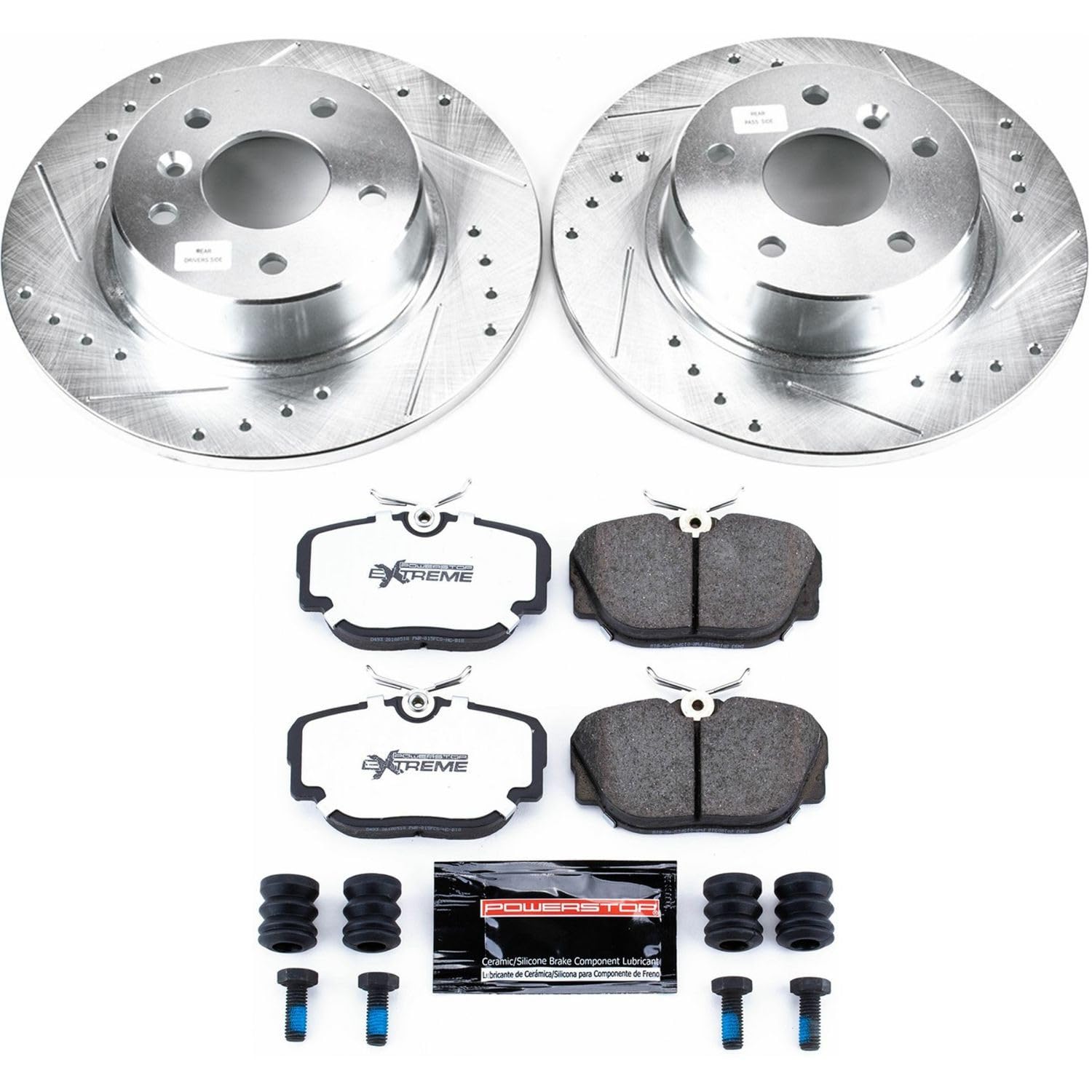 Rear Brake Kit Power Stop For 1999 2000 2001 2002 2003 2004 Land Rover Discovery - Truck & Tow Carbon Fiber Ceramic Brake Pads & Drilled and Slotted Rotors Replacement, K6152-36