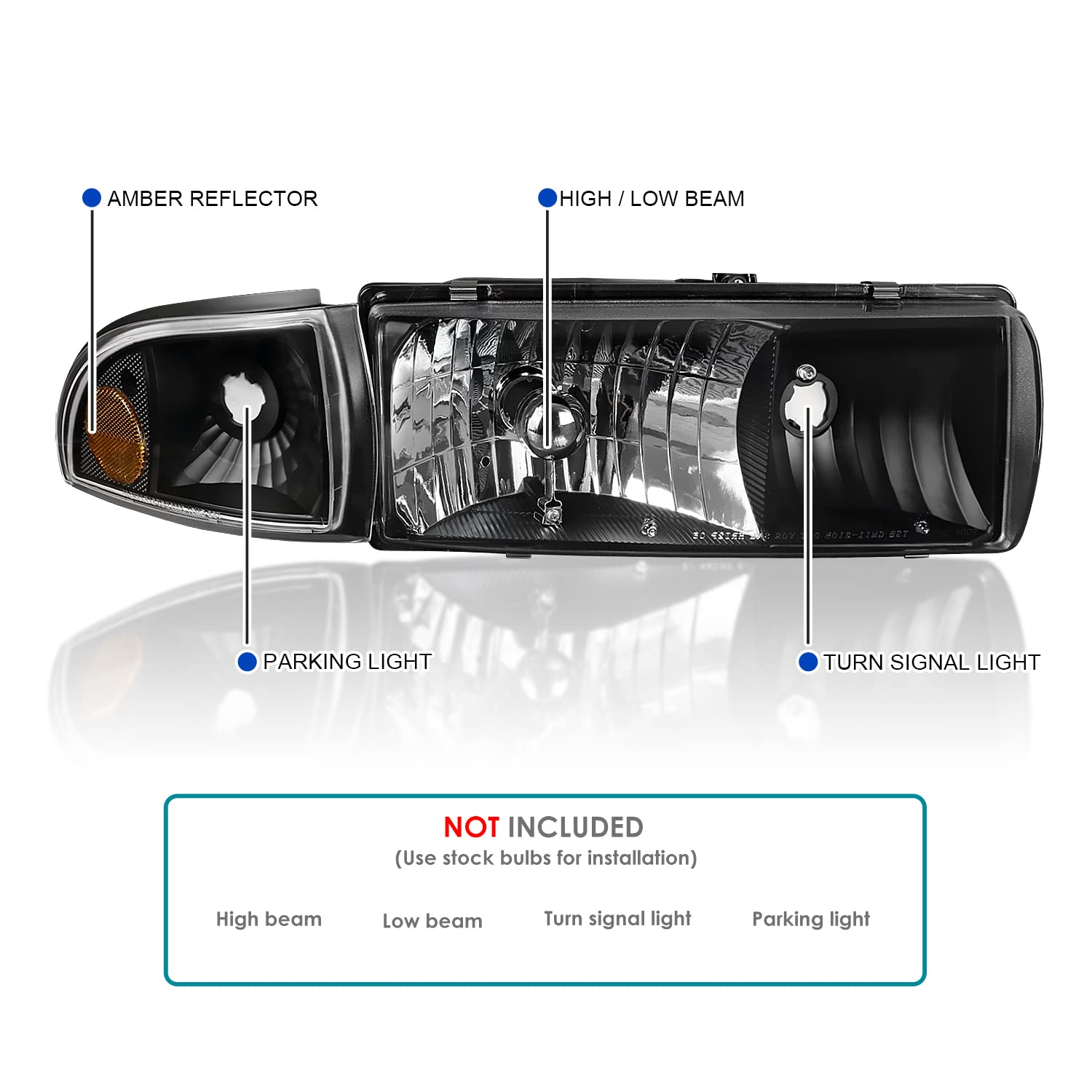 Black Headlights + Corner Signal Lights SPEC-D TUNING Compatible with 1994-1996 Chevy Impala, 1991-1996 Chevy Caprice, Left + Right Pair Head Lights Lamps Assembly