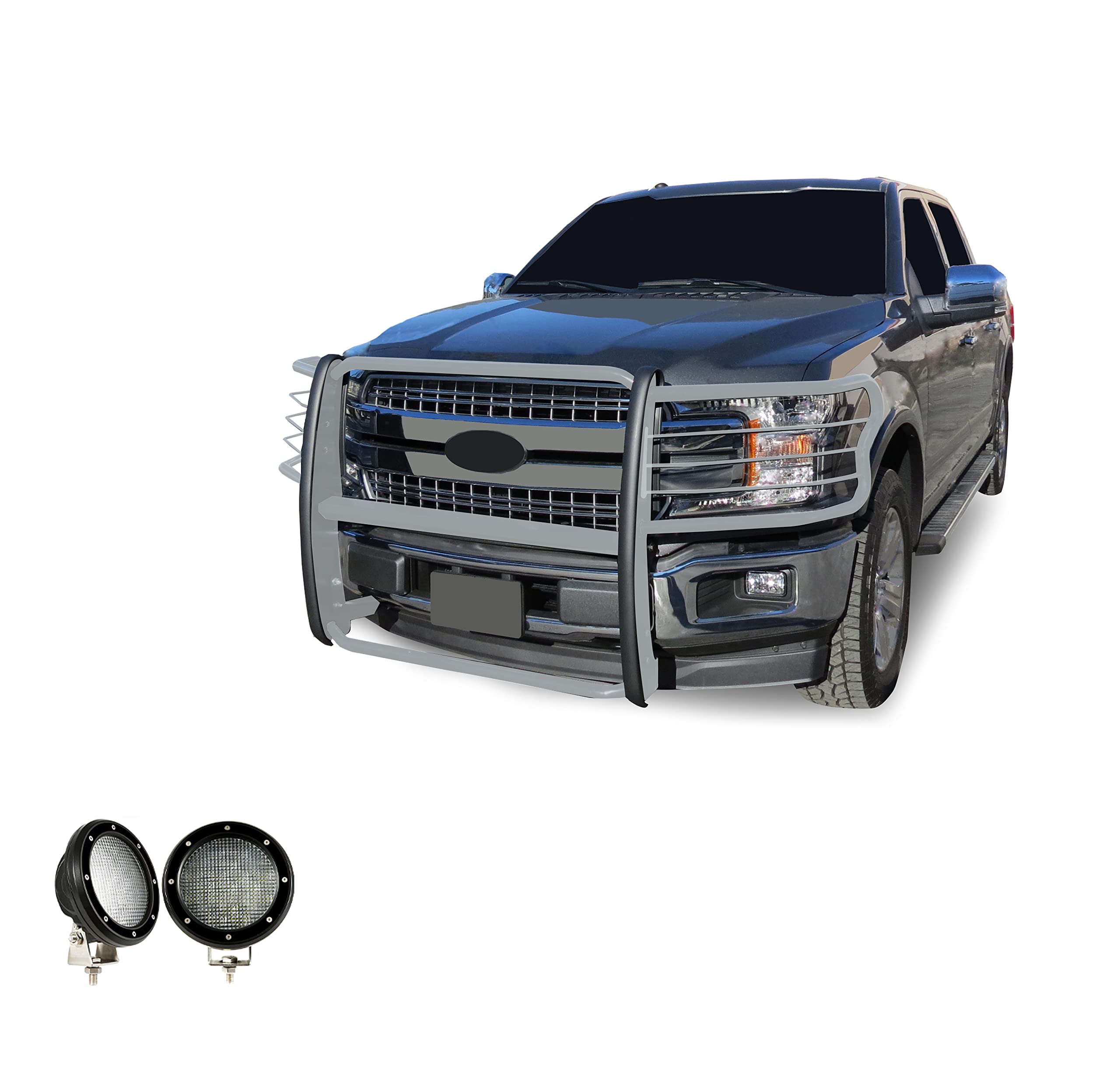 Bumper Guard Black Horse Grille Brush Modular Stainless Steel Come with Pair of 5.3" Dia.LED Lights with Black Trim Rings Compatible with 2015-2024 Ford F-150-17FP32MSS-PLFB