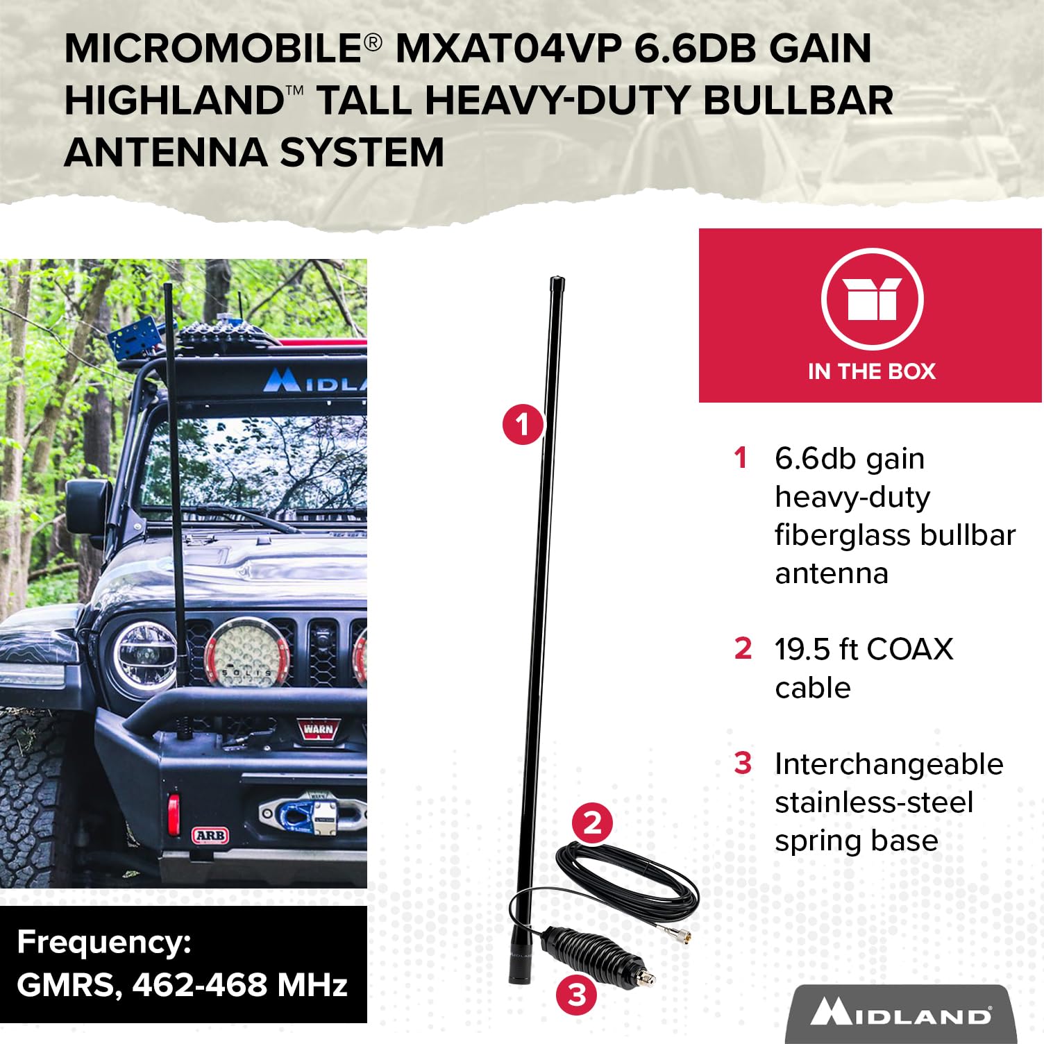 MXAT04VP-6.6dB Midland Heavy-Duty Bull Bar Antenna with Spring Base Micromobile - 47.5” with 462-468 MHz Frequency - Long Range GMRS Communication - Overlanding Off-Roading - (Bundle)