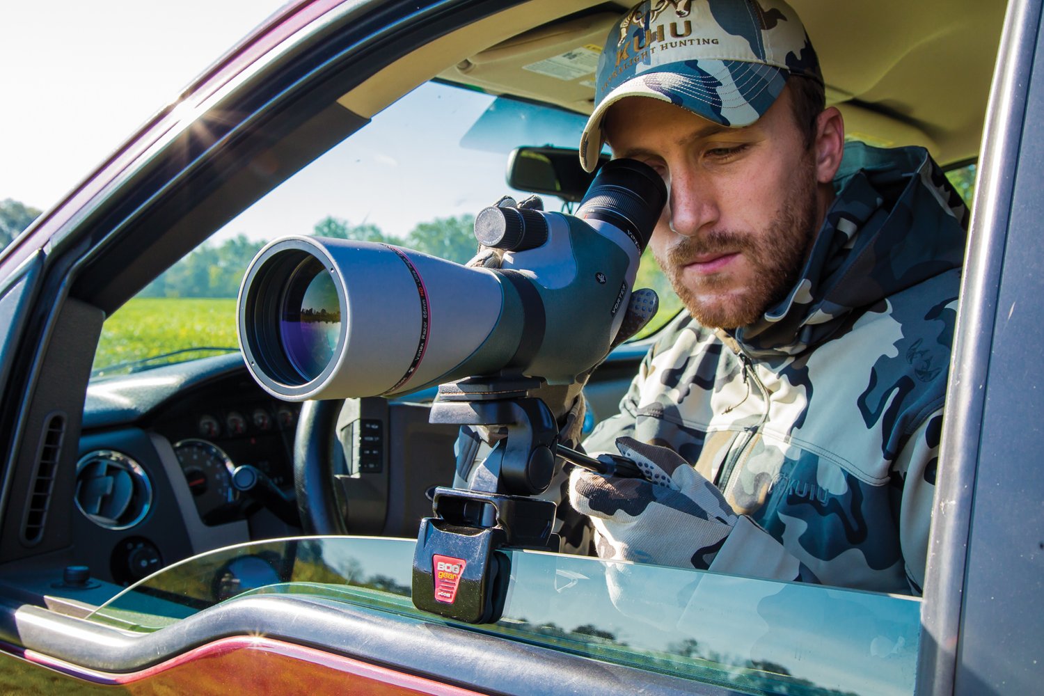 Spotting Scope Adaptor BOG SSA with Padded Car Window Clamp, Adjustable Pan / Tilt Tension Handle, Universal Accessory Plate Attachment, and Bubble Level for Hunting, Spotting, Scouting, and Outdoors