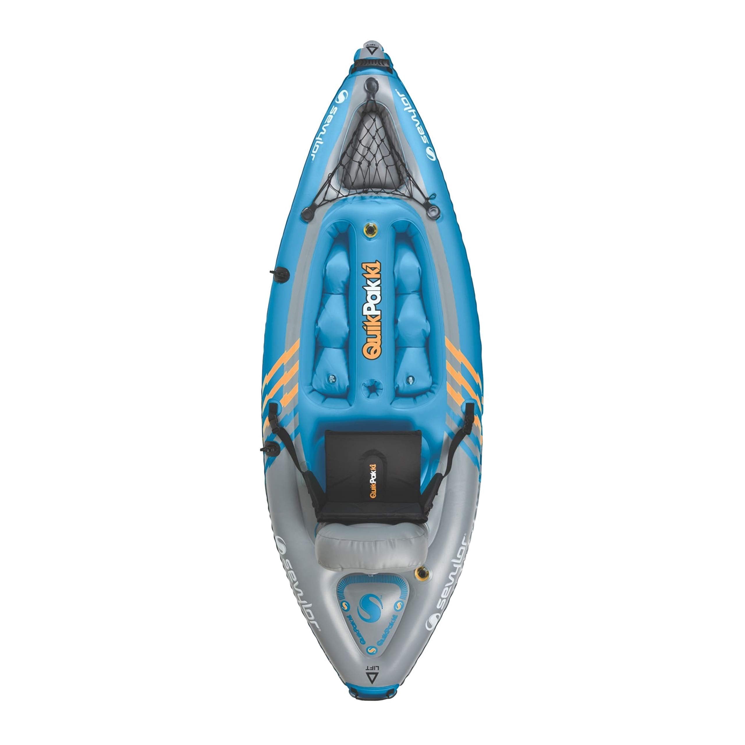 Sevylor K1 QuickPak 1-Person Inflatable Kayak, Kayak Folds into Backpack with 5-Minute Setup, 21-Gauge PVC Construction; Hand Pump & Paddle Included