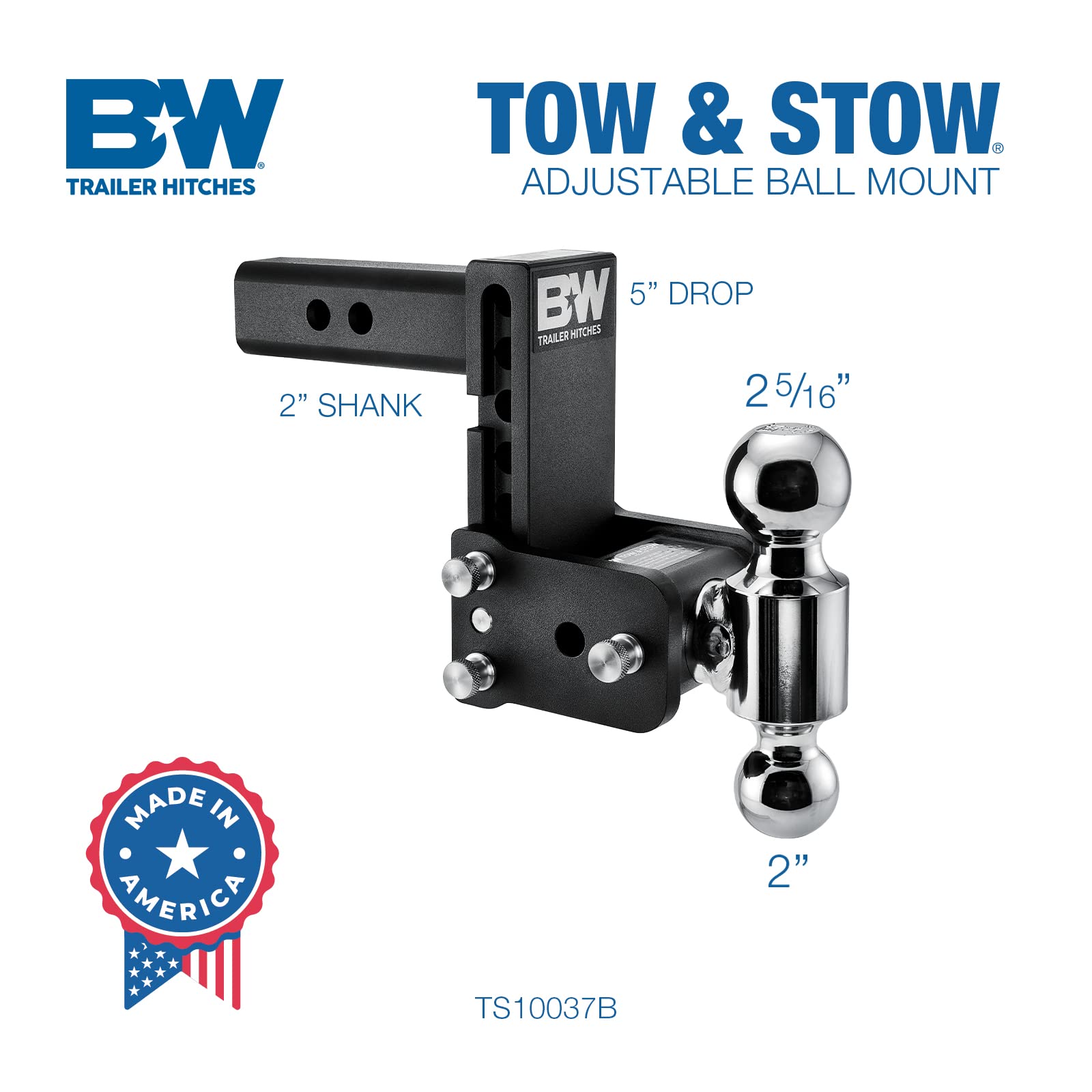Tow & Stow B&W Trailer Hitches Adjustable Trailer Hitch Ball Mount - Fits 2" Receiver, Dual Ball (2" x 2-5/16"), 5" Drop, 10,000 GTW - TS10037B
