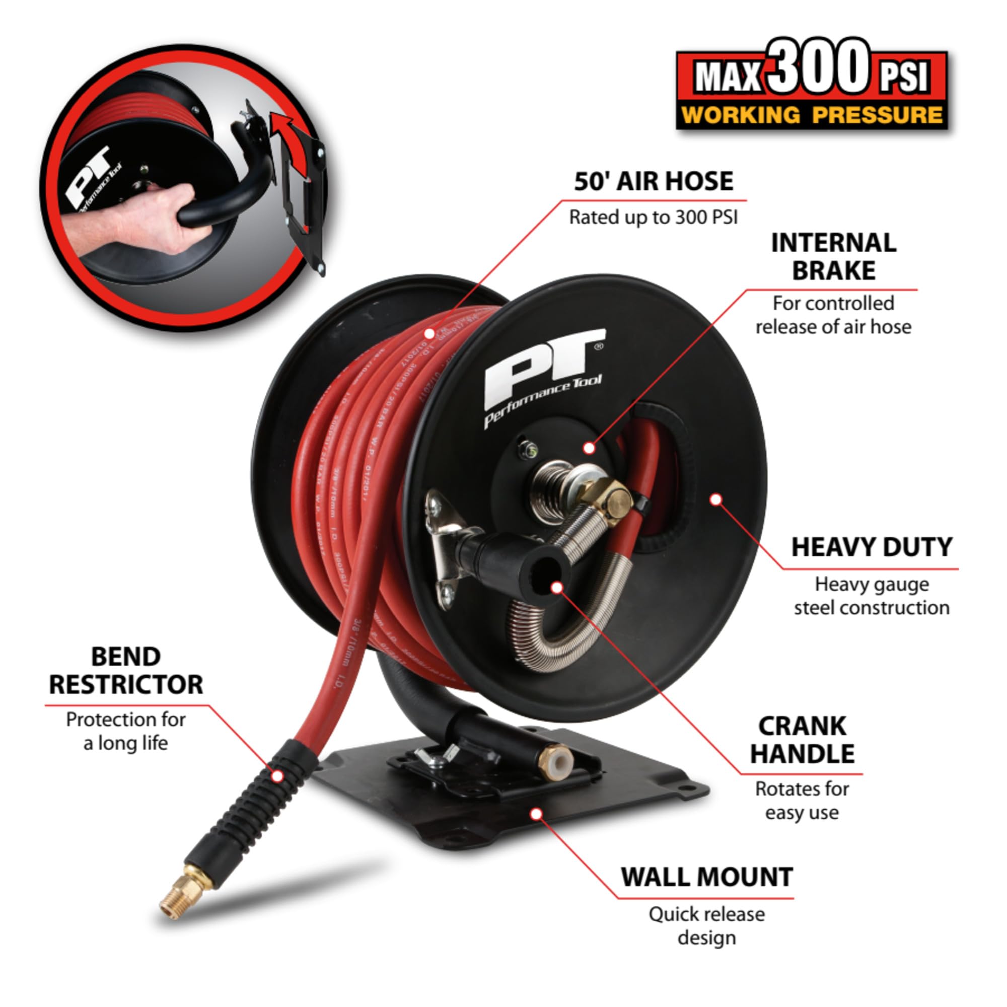 Quick Mount Performance Tool M672 Hand Crank Air Hose Reel (3/8-Inch Air Hose x 50 ft. Capacity, Hose Included)