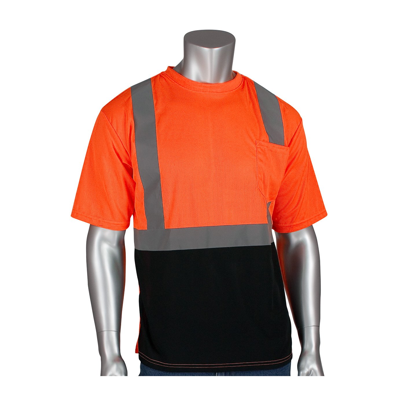 PIP Short Sleeve ANSI Type R Class 2 T-Shirt with 50+ UPF Sun Protection and Black Bottom Front 312-1250B Hi-Vis Orange XL
