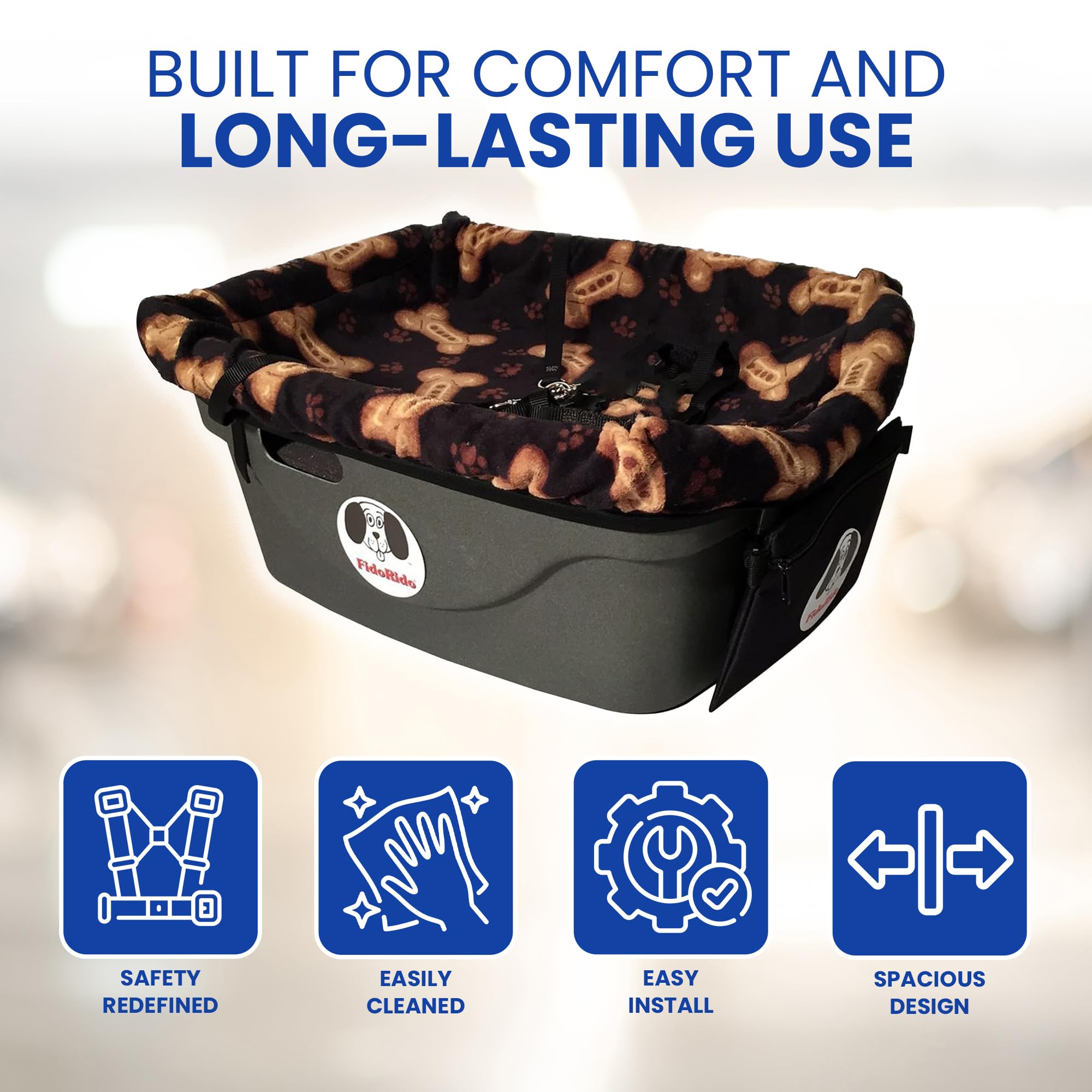 Dog Car Seat FidoRido - Booster Seat for Small to Large Dogs with Comfortable Cushions, Sherpa Cover, and Safety Straps, Easy to Install, Ideal for Travel, Black with Tan Bones - Small Harness