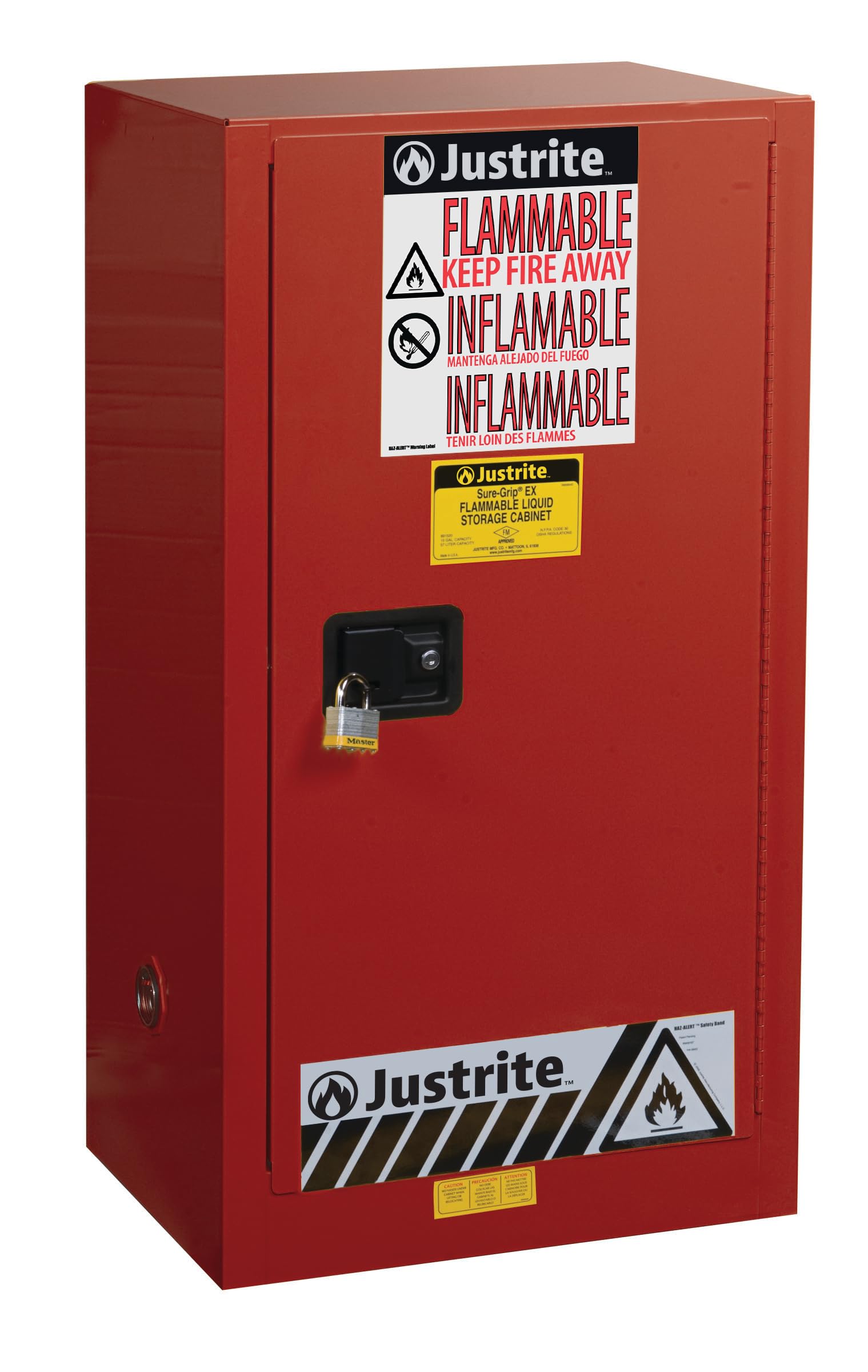 Justrite 20 Gallon Paint and Ink Manual Close Safety Cabinet, 18 Gauge Steel, 2 Shelves, 23" x 44" x 18", 1 Door Combustibles Cabinet, Made in The USA, Red, 891511