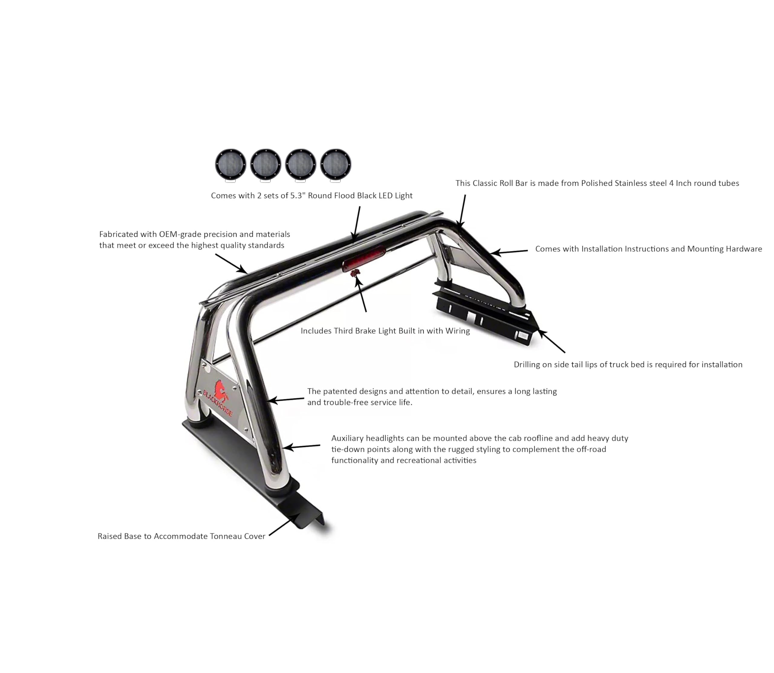 Classic Black Horse Roll Bar Incl. Set of 5.3" Dia.LED Lights w/Black Trim Rings Stainless Steel Compatible with 2005-2021 Nissan Frontier-RB007SS-PLFB