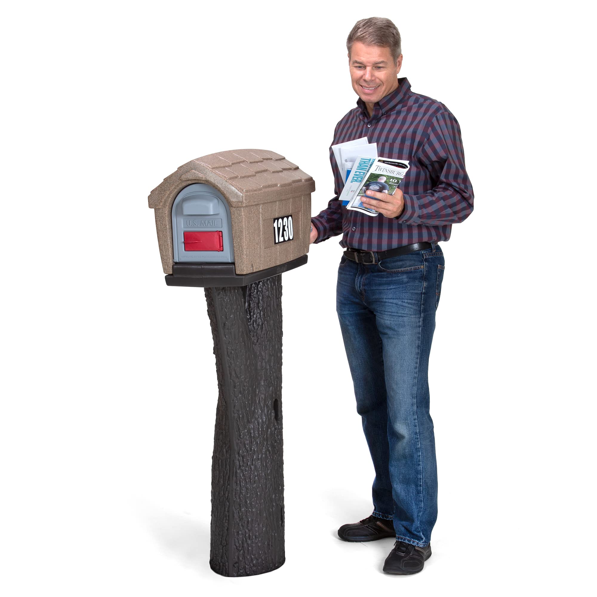 Simplay3 Cabin Rustic Home Plastic Residential Mailbox & Post Mount Combo Kit with 2 Access Doors - Sandstone, Made in USA