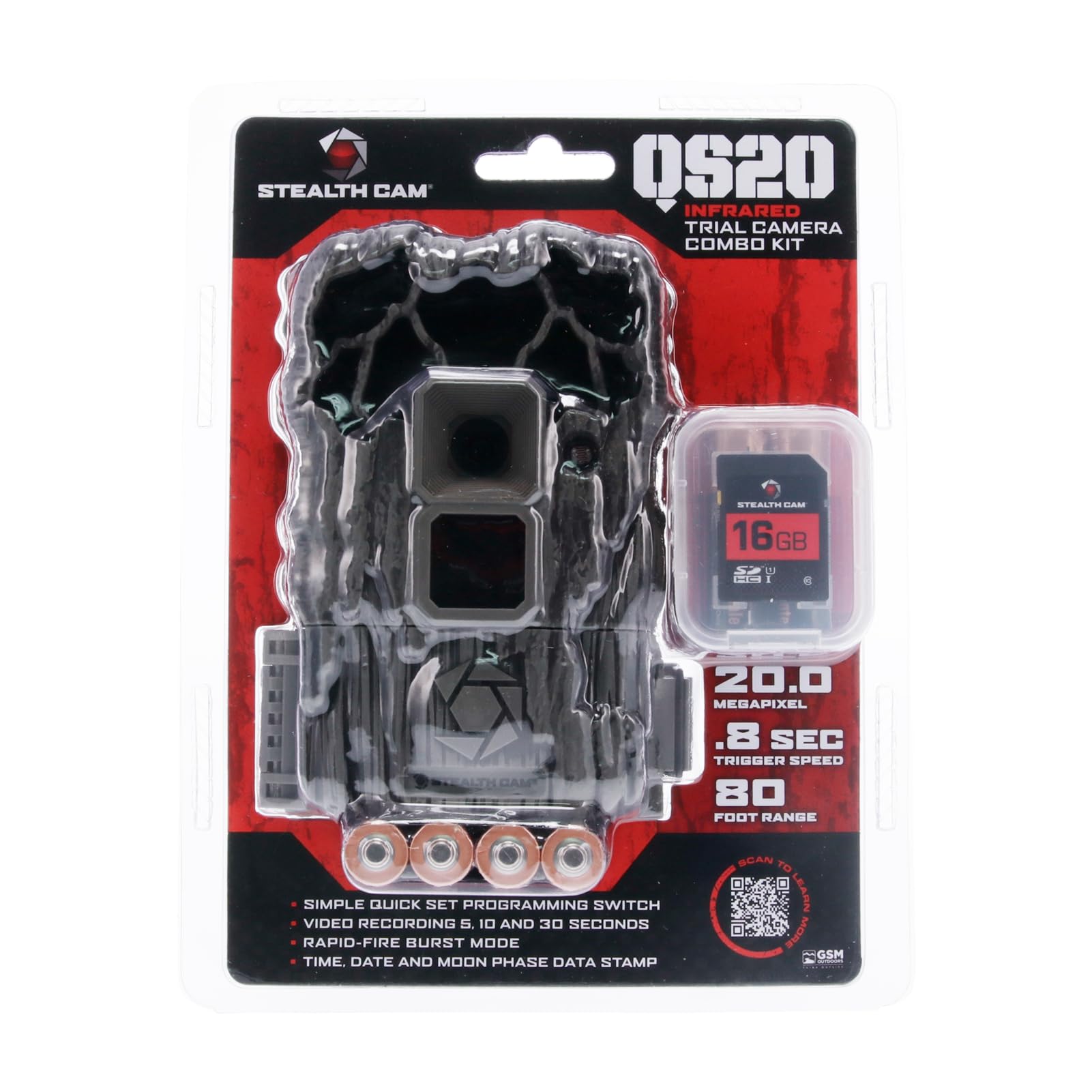 Combo Pack Stealth CAM QS20NG - 20MP Photo & 720P Video at 30FPS 0.8 Sec Trigger Speed 80Ft Detection IR Range Hunting No Glo Trail Camera, 8 AA Batteries & 16GB SD Card