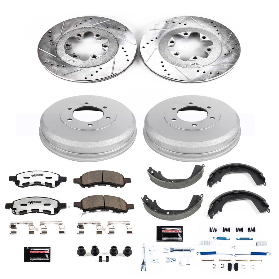 Power Stop Brake Kit Front and Rear For 2009 2010 2011 2012 Chevrolet Colorado - Truck & Tow Carbon Fiber Ceramic Pads, Drums, & Drilled and Slotted Rotors Replacement, K15262DK-36