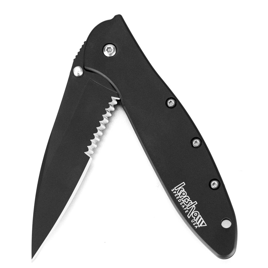 Kershaw Pocket Knife Leek, Black, 3 Inch Stainless Steel Partially Serrated Drop Point Blade, EDC with Assisted Opening, Made in the USA, Reversible Carry, Everyday Carry Pocket Knife for Men & Women