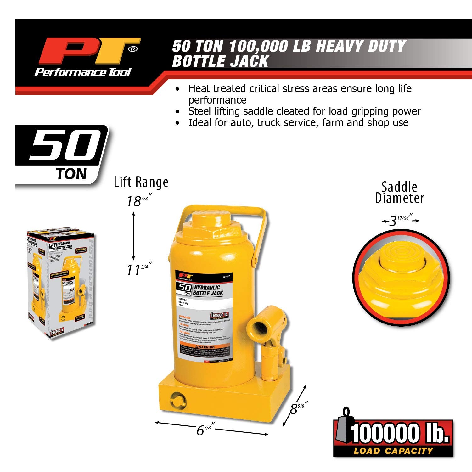 50 Ton Performance Tool W1637 Heavy Duty Hydraulic Bottle Jack (100,000 lbs.)