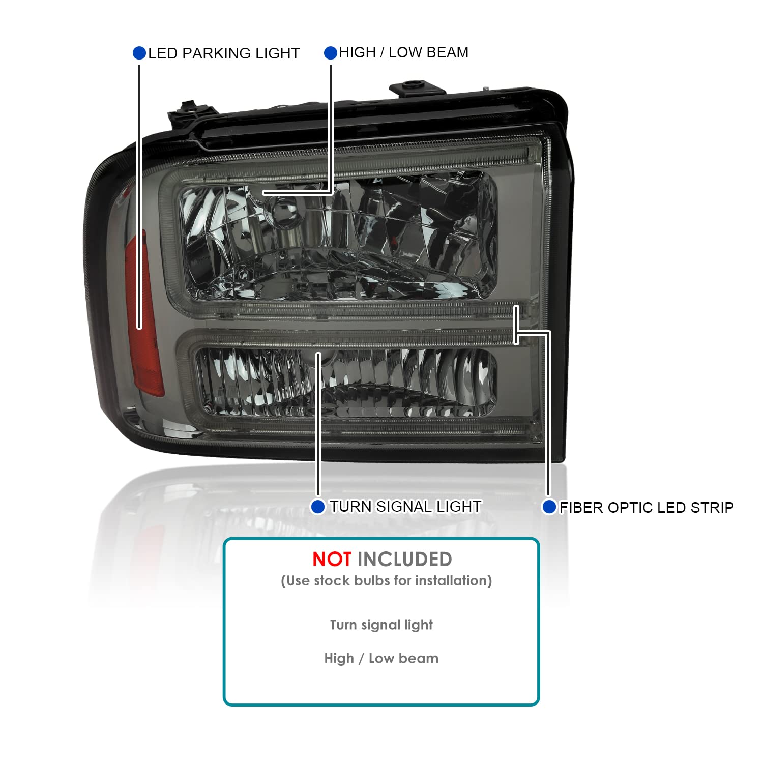 Smoke Lens SPEC-D TUNING LED BAR Headlights Compatible with 2005-2007 Ford F250 F350 F450 F550 Super Duty, Left + Right Pair Headlamps Assembly
