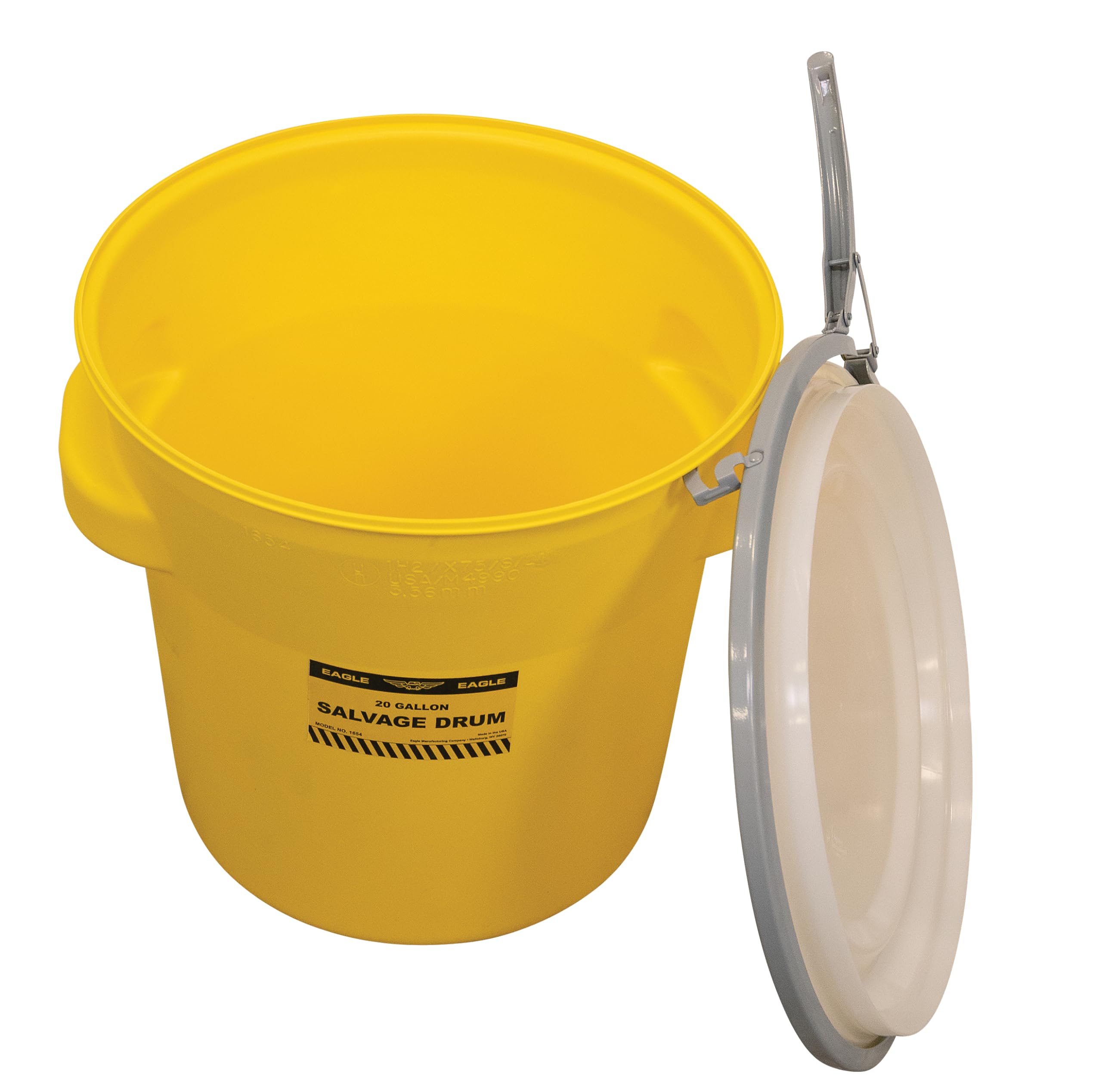 20 Gallon Eagle Plastic Drum with Lid, Metal Lever-Lock, 20.4"x20.9", Salvage Drum Made of Durable, Lightweight HDPE, Withstands Weather and Chemicals, Made in USA, Yellow, 1654