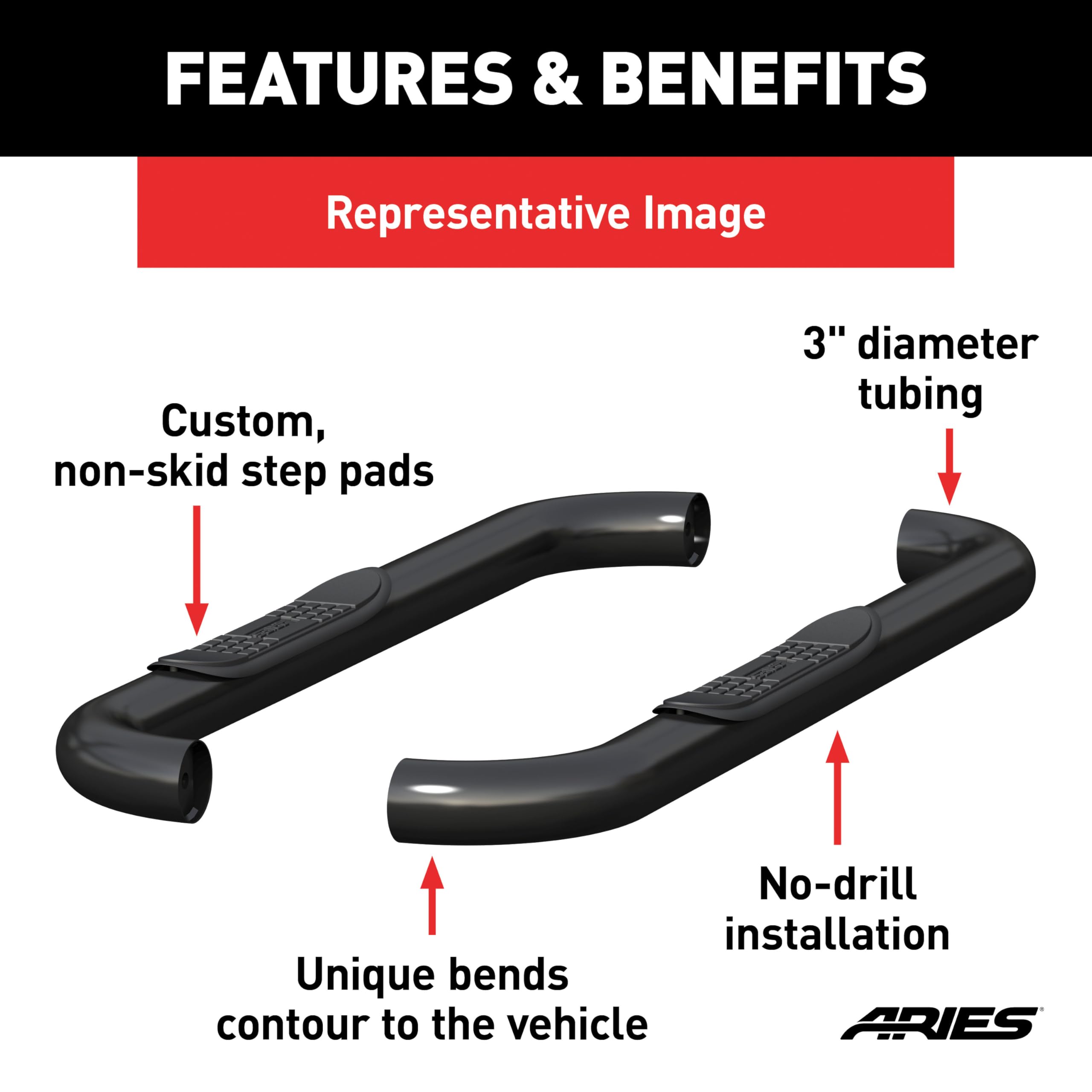 3-Inch Round Black Steel ARIES Nerf Bars, No-Drill, Fits Select Chevrolet Blazer FS, Tahoe, GMC Yukon, C, K