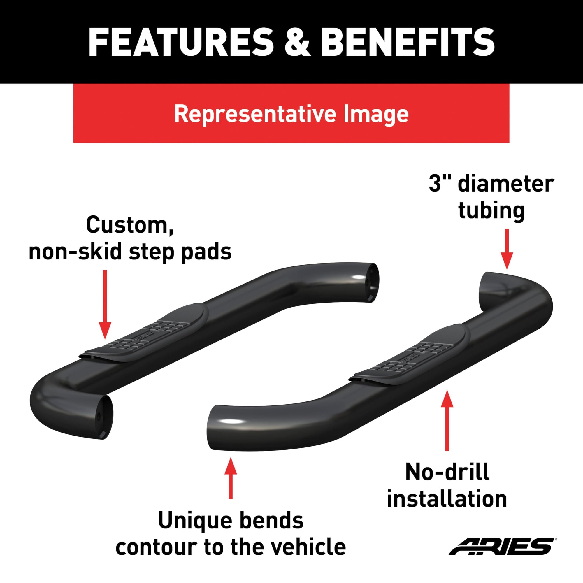 3-Inch Round Black Steel ARIES Nerf Bars, No-Drill, Fits Select Jeep Wrangler TJ