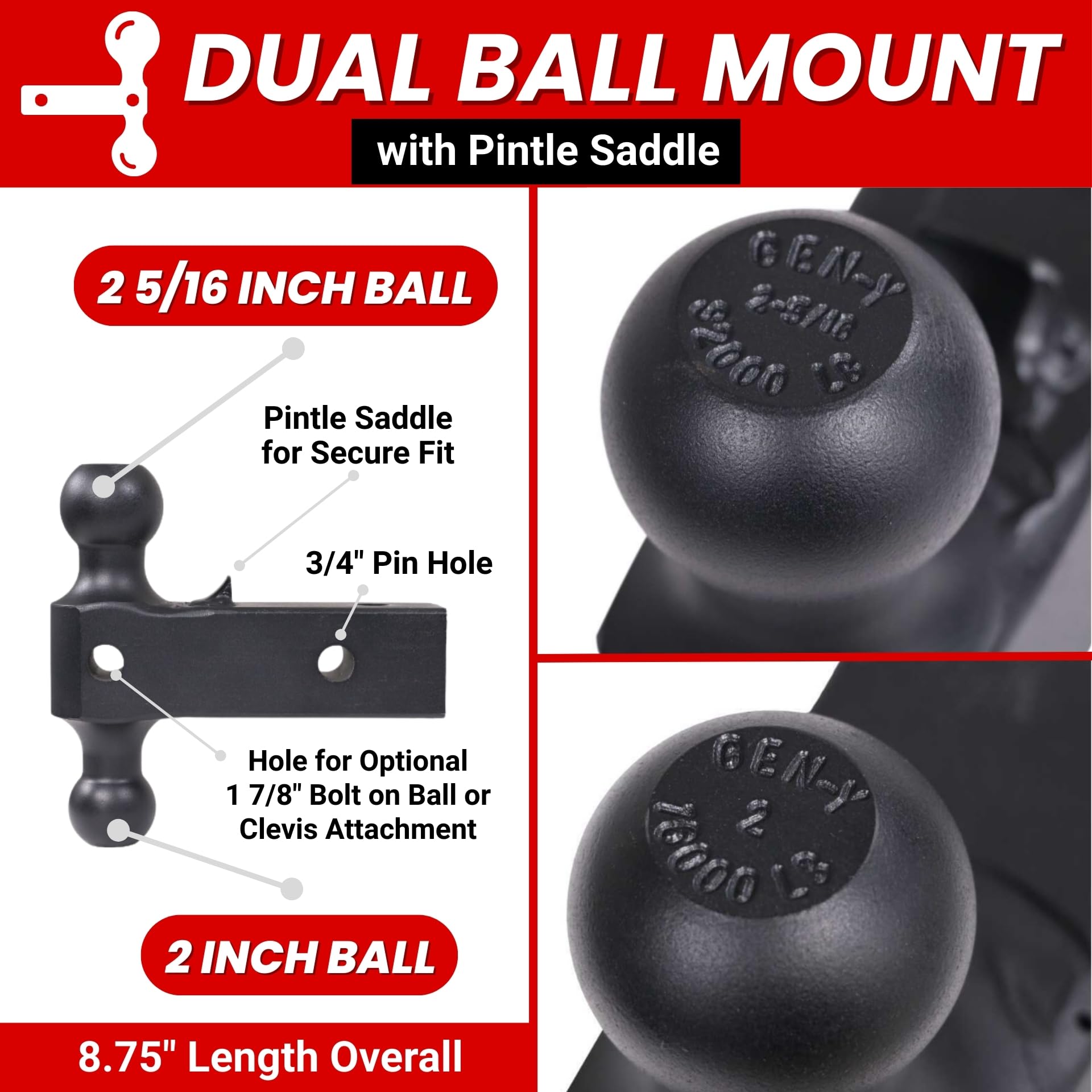 GEN-Y Hitch Tow Hitch - 3" Receiver for 6" Drop/Rise with 3 Adjustable Positions, Includes Dual Ball Mount and Locking Pin, 32,000 lbs Towing Capacity, 3,500 lbs Tongue Weight, Silver