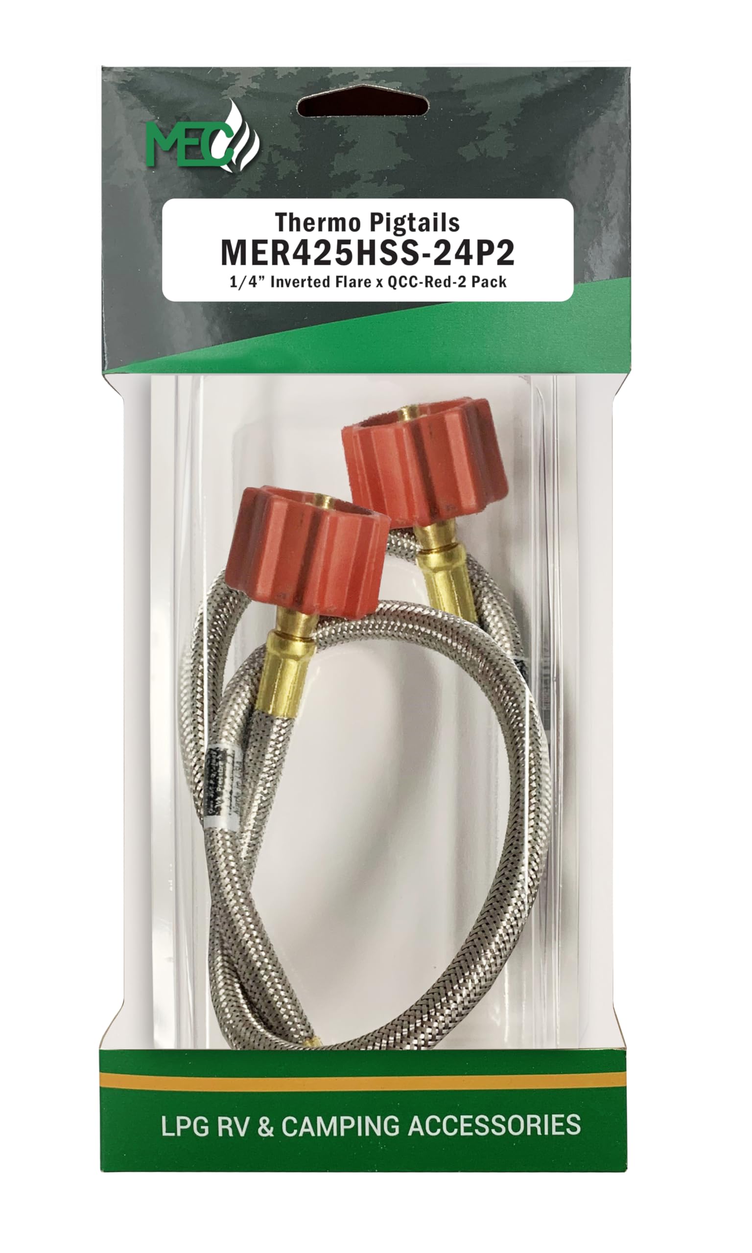 Marshall Excelsior MER425HSS-24P2 Thermo High Capacity Pigtail, 1/4" Inverted Flare X QCC with Braided Stainless Steel Hose - 24", Red, Pack of 2