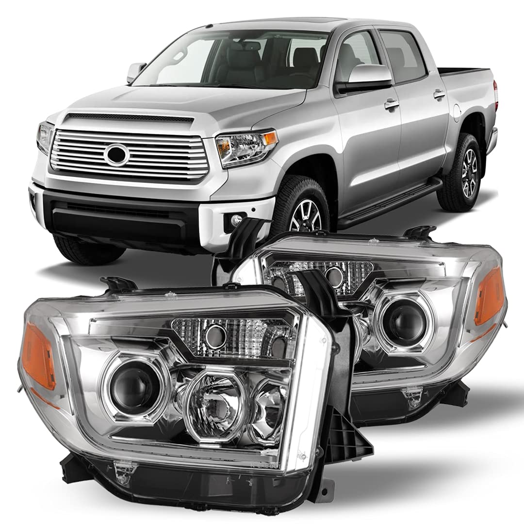 LED Headlights Assembly Winjet Fit for 2014 2015 2016 2017 Toyota Tundra, LED DRL Bar Projector, Head light Replacement for 14-17 Toyota Tundra, 1 Pair Clear Lens