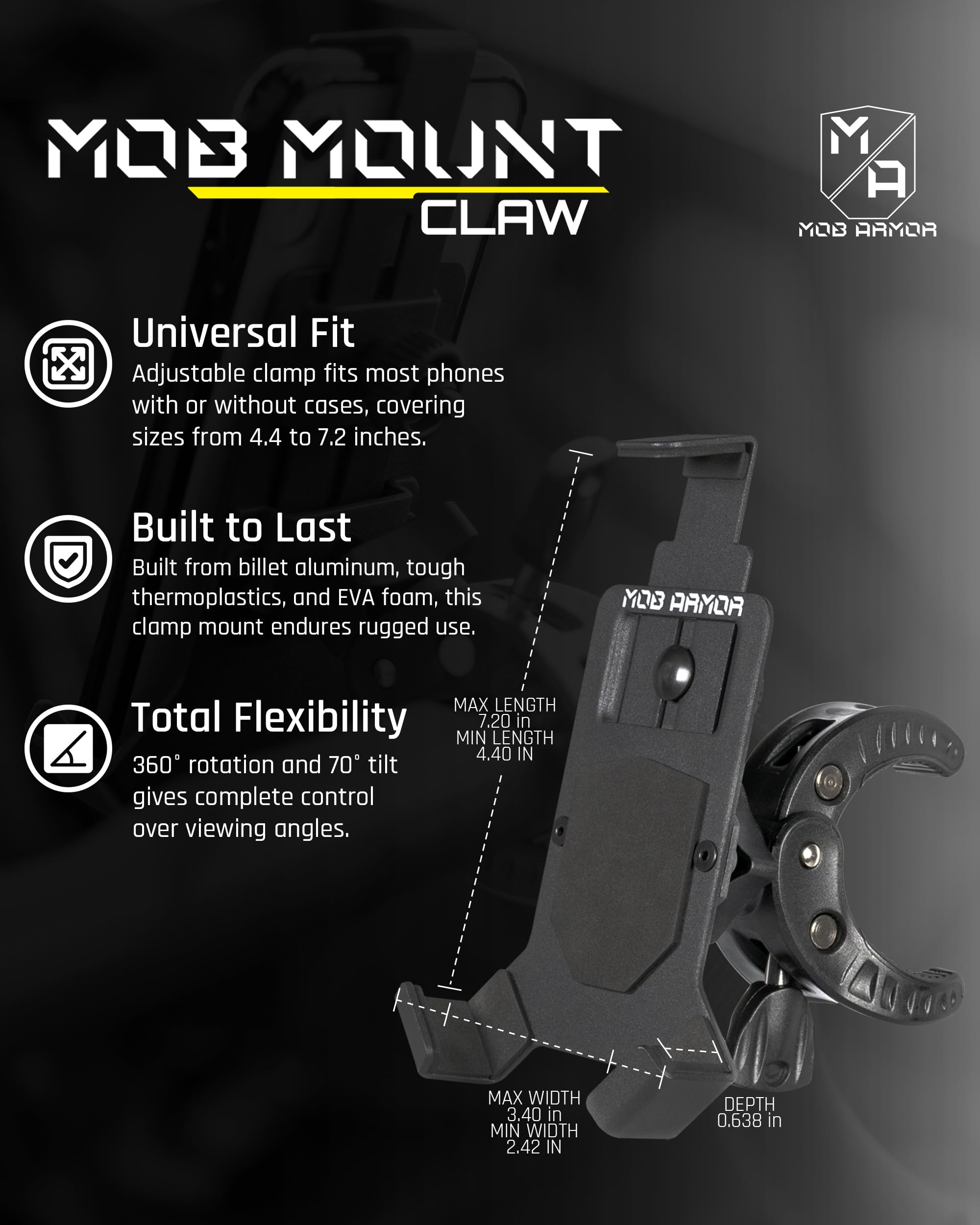 Mob Armor Claw Mount Mob with 360° Rotation - Universal Phone Mounting Clamp for Motorcycle, Jeep, Dirt Bike, Car, ATV, Boat, Truck, Emergency Vehicle - Large, Black
