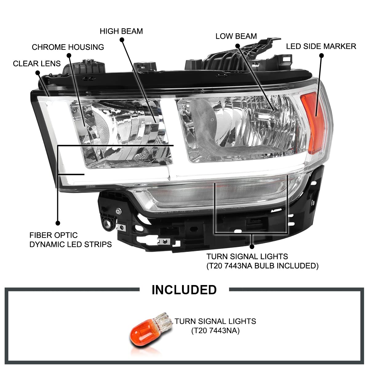 Chrome Headlights SPEC-D TUNING w/LED Tube Compatible with 2019-2024 Ram 2500/3500, Left + Right Pair Headlamp Assembly