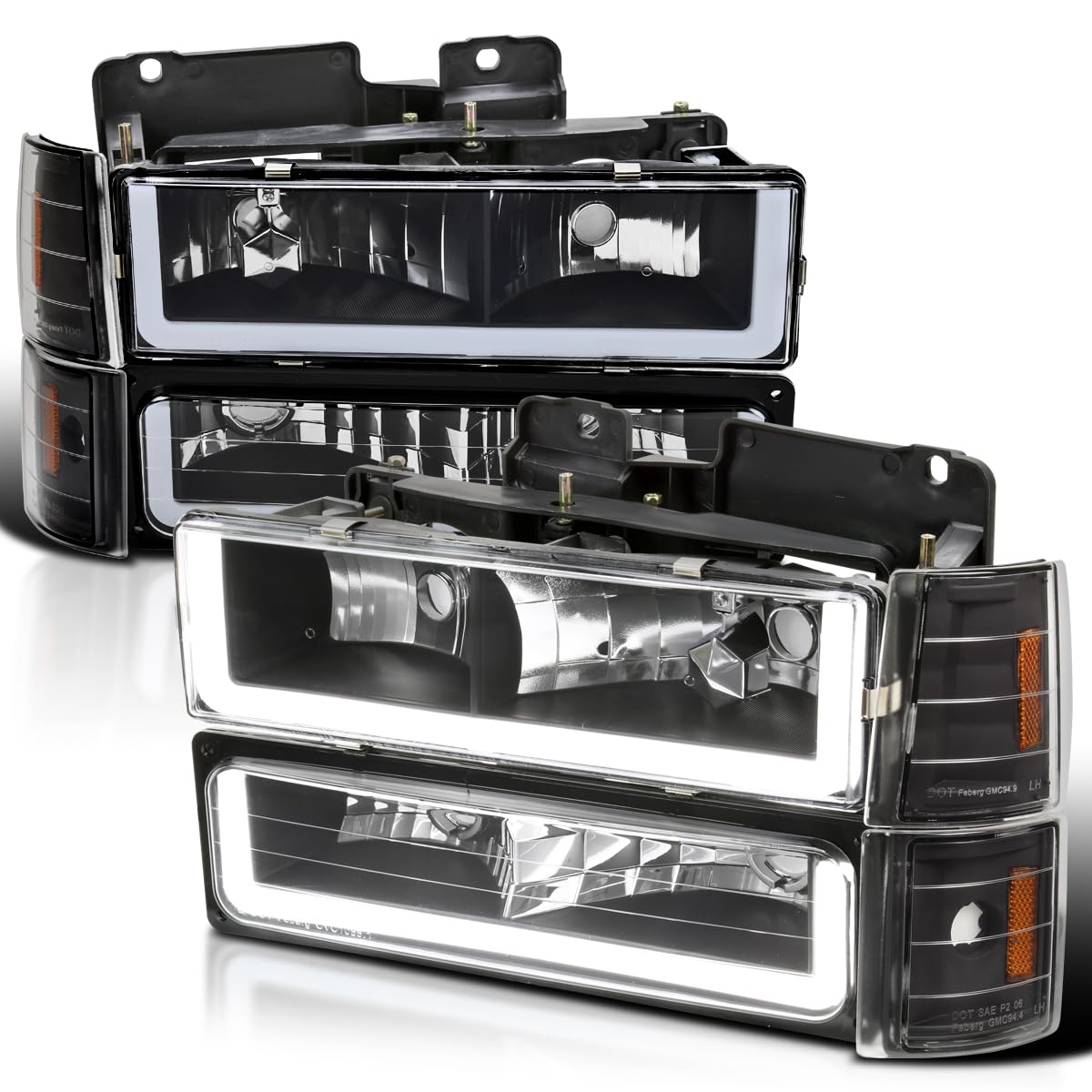 Black LED Bar Headlights + Bumper Lamps + Corner Lights SPEC-D TUNING Compatible with 1994-1998 GMC C10 C/K 1500 Suburban Yukon, Left + Right Pair Headlamps Assembly