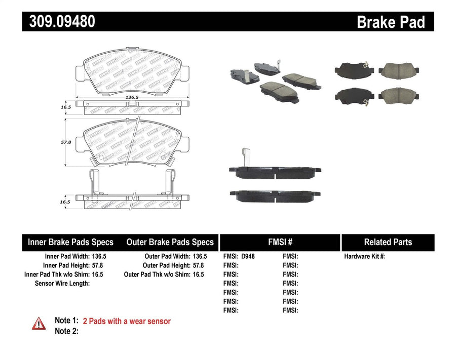 Sport Brake Pads StopTech 309.09480 with Shims and Hardware