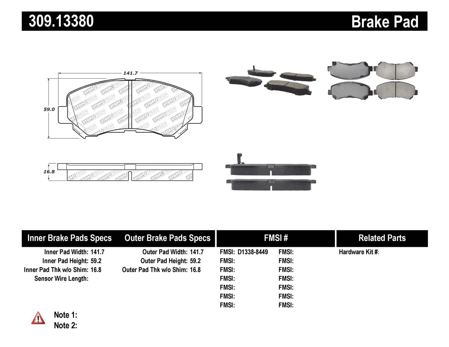 Sport Brake Pads StopTech 309.13380 with Shims and Hardware