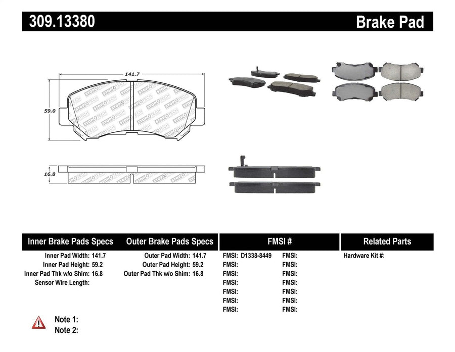Sport Brake Pads StopTech 309.13380 with Shims and Hardware
