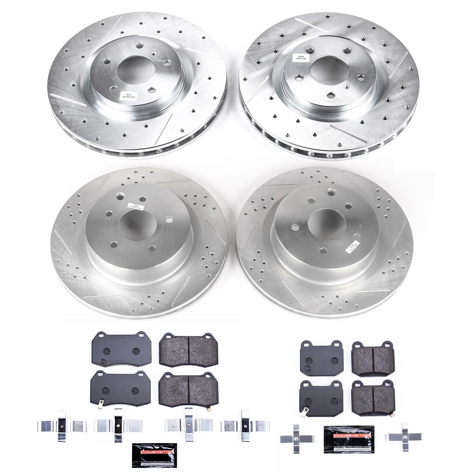 Power Stop K4488 Z23 Carbon Fiber Brake Pads Front and Rear with Drilled & Slotted Brake Rotors Kit For INFINITI G35 2003-2004, Nissan 350Z 2003-2008 [Model Specific]