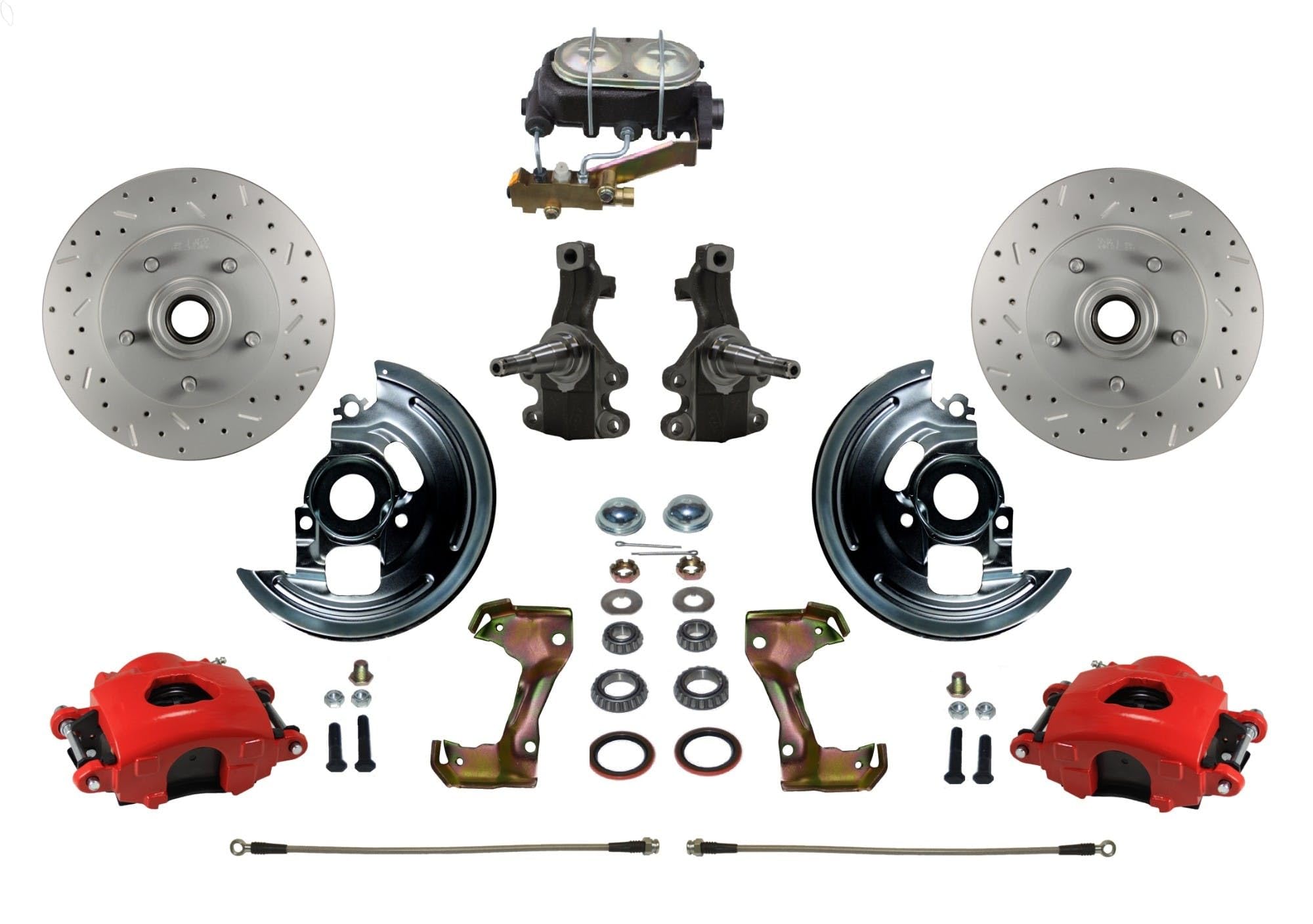 Manual LEED BRAKES Front Disc Brake Kit 2" Drop Spindle Drilled And Slotted Rotors Red Powder Coated Calipers Cast Iron M/C Disc/Drum