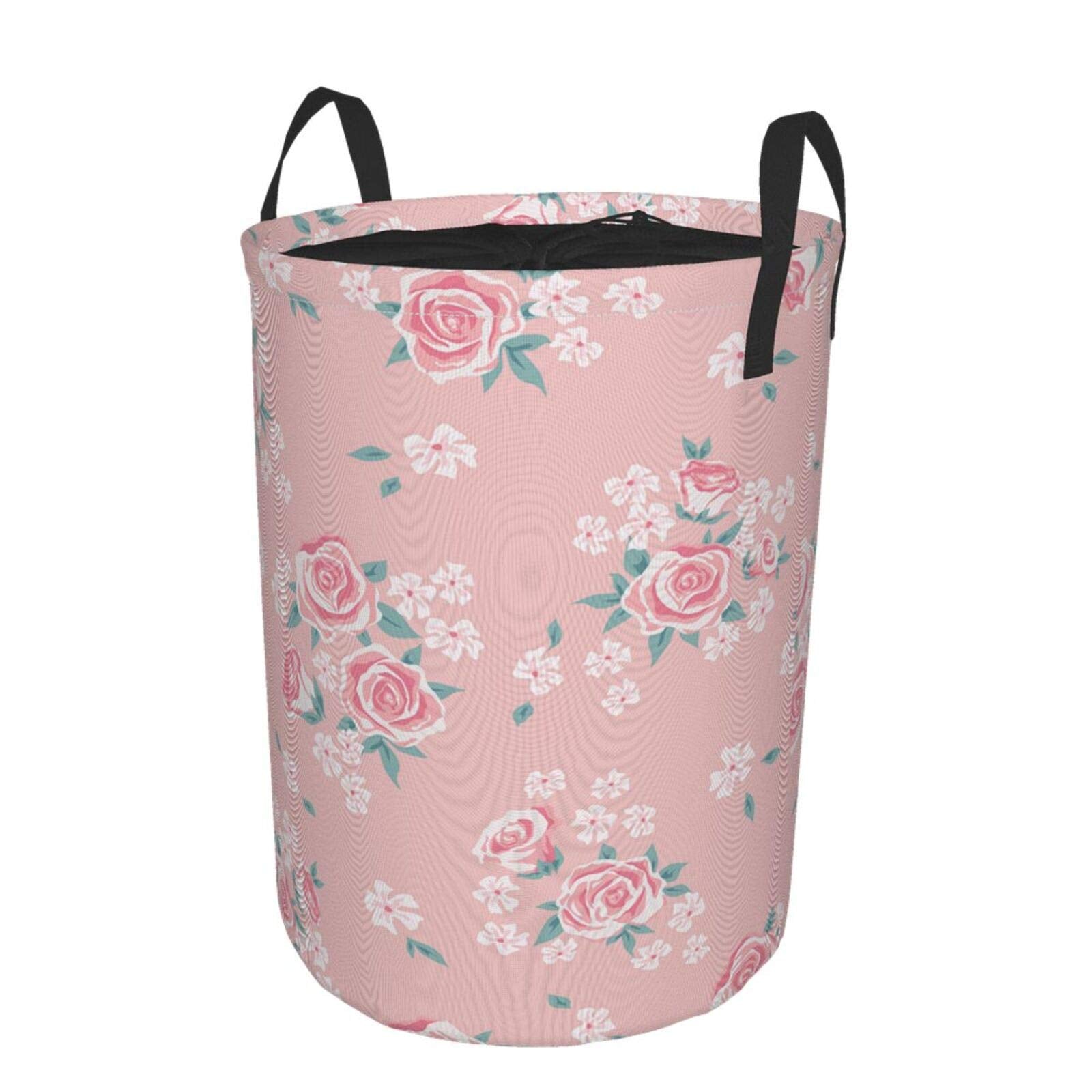 Romantic Shabby Chic Style Large Storage Baskets Inspired Flowers With Little Roses Lilacs Artwork1,Drawstring Waterproof Round Collapsible Laundry Hamper for Dirty Clothes Toy Home Office 19"X14"